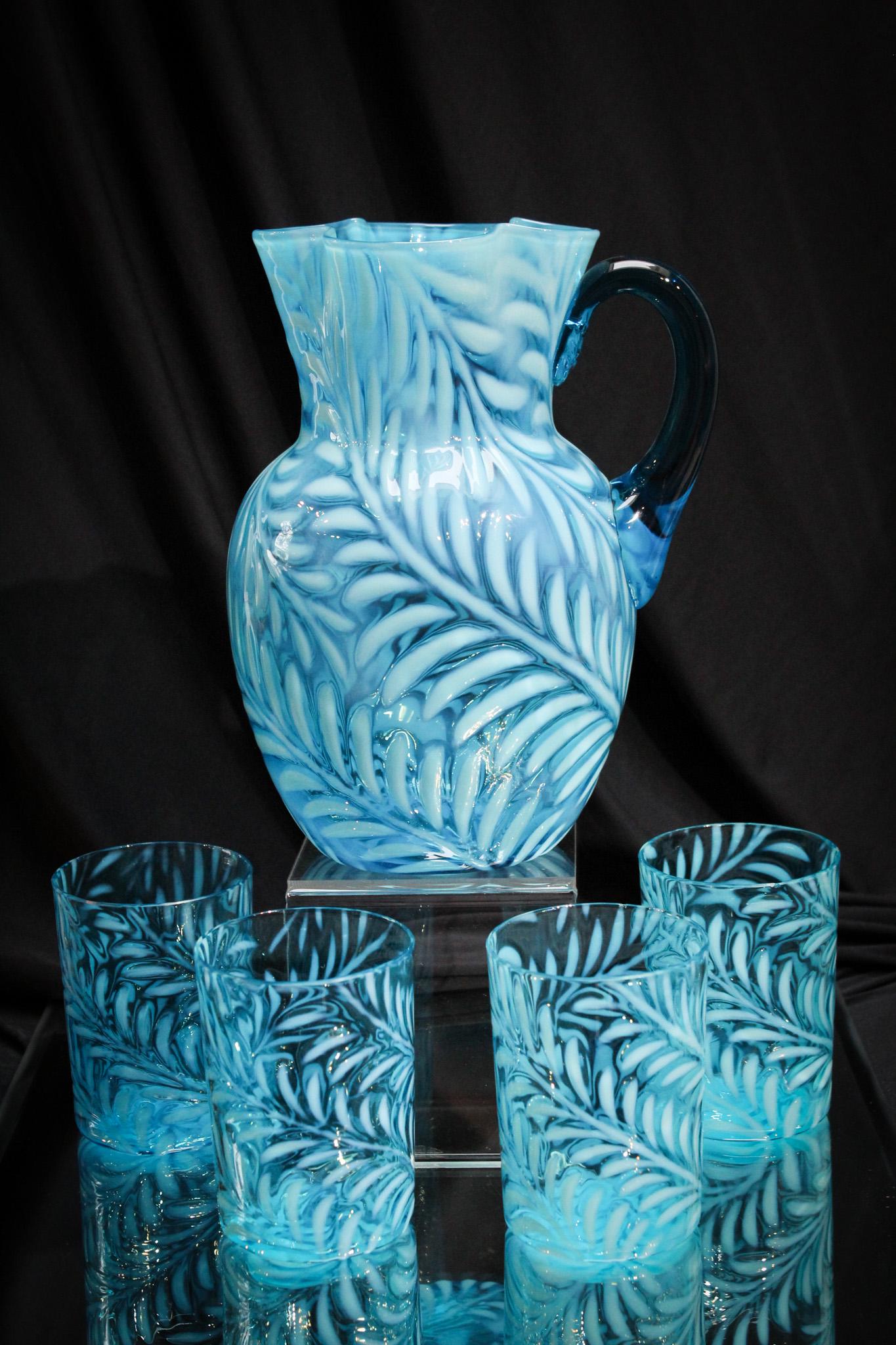5 pc Blue Opalescent Glass Fern Water Set (1 of 13)