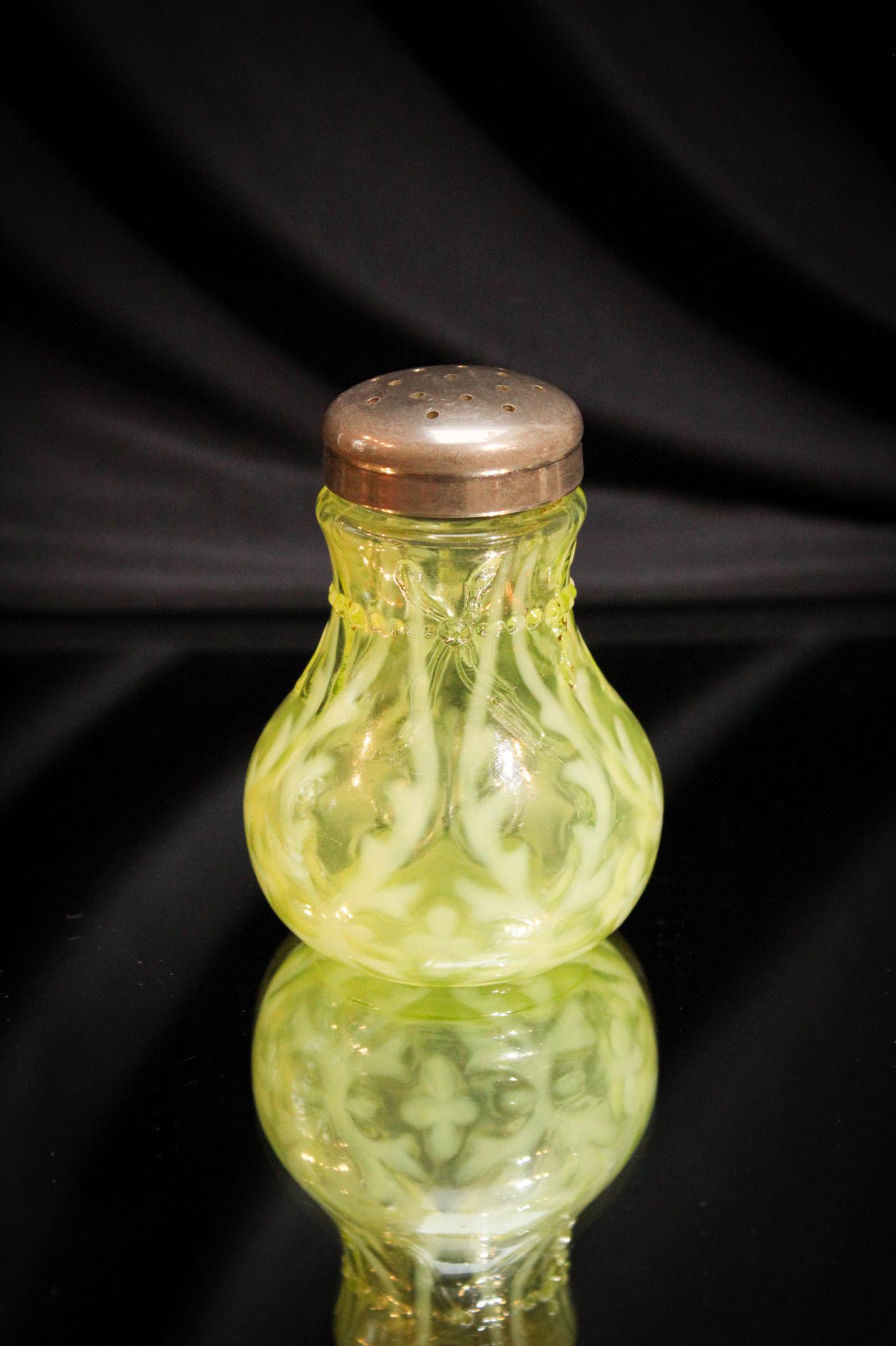 Northwood Vaseline Opalescent Spanish Lace Salt Shaker: These are always nice. The color on this is superb. Make way on the shelf for this gem!. It measures 3 1/4" tall.