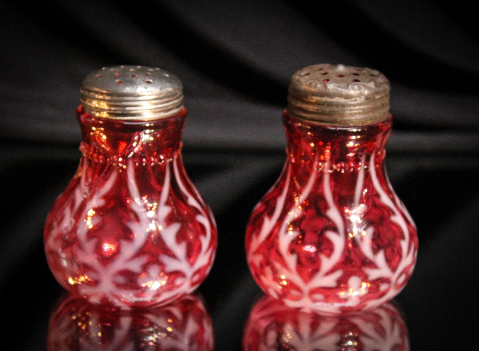 Cranberry Opalescent Spanish Lace Salt Shakers (1 of 3)