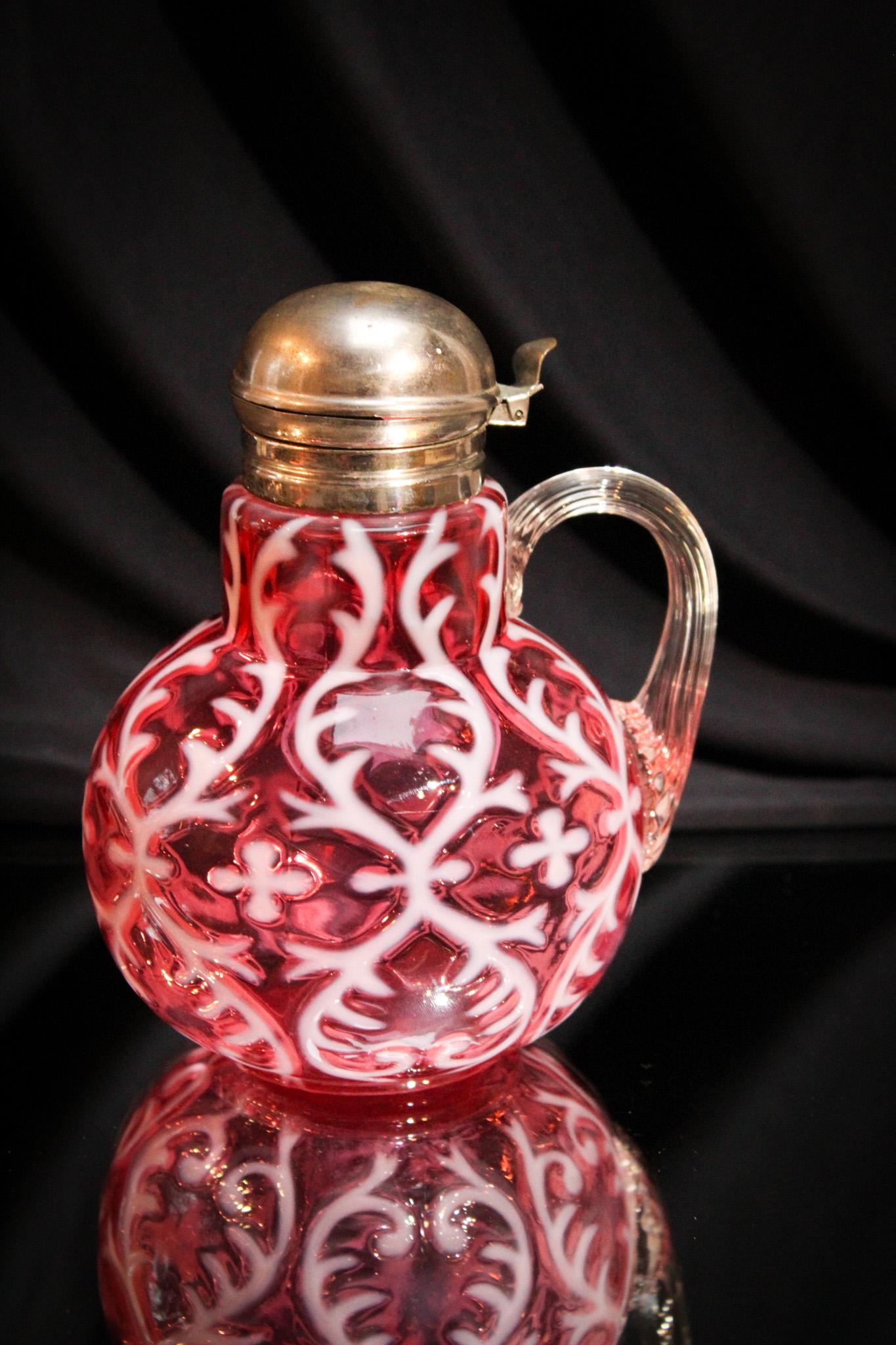 Scarce Cranberry Opalescent Glass Spanish Lace Syrup: What a find this one is folks. Mother will want this one. Straight from Granny's box, this is a stunner. Crisp white opalescence on deep rich cranberry. What more could you ask for? It measures 6" tal