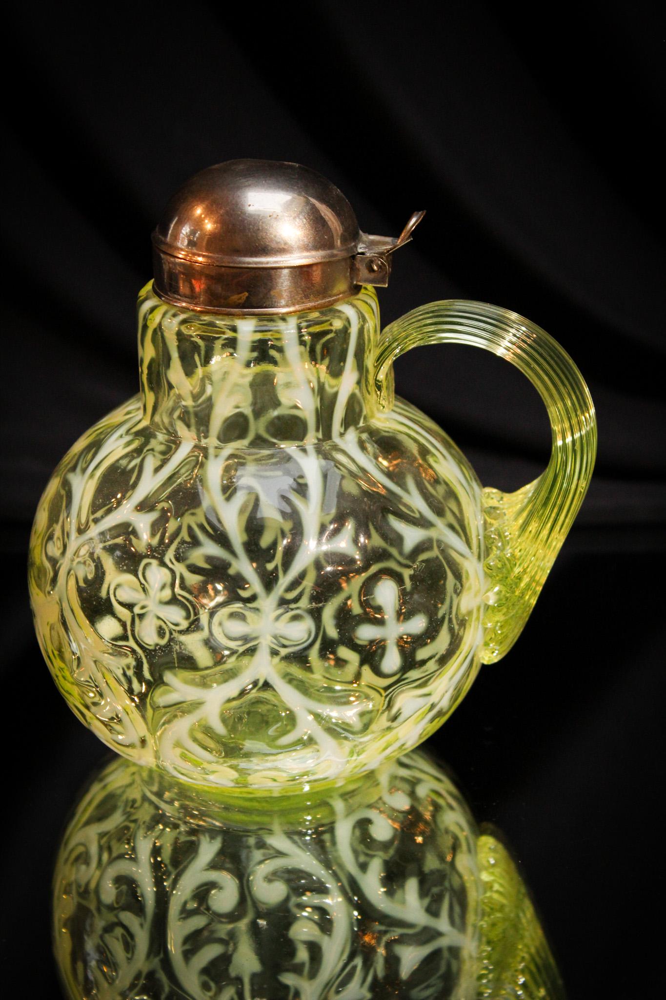 Scarce Northwood Vaseline Opalescent Spanish Lace Syrup: How long have you longed for one of these? So highly sought after. Just as much as the cranberry examples. Great vaseline color with amazing opalescence. Measures 6" tall.