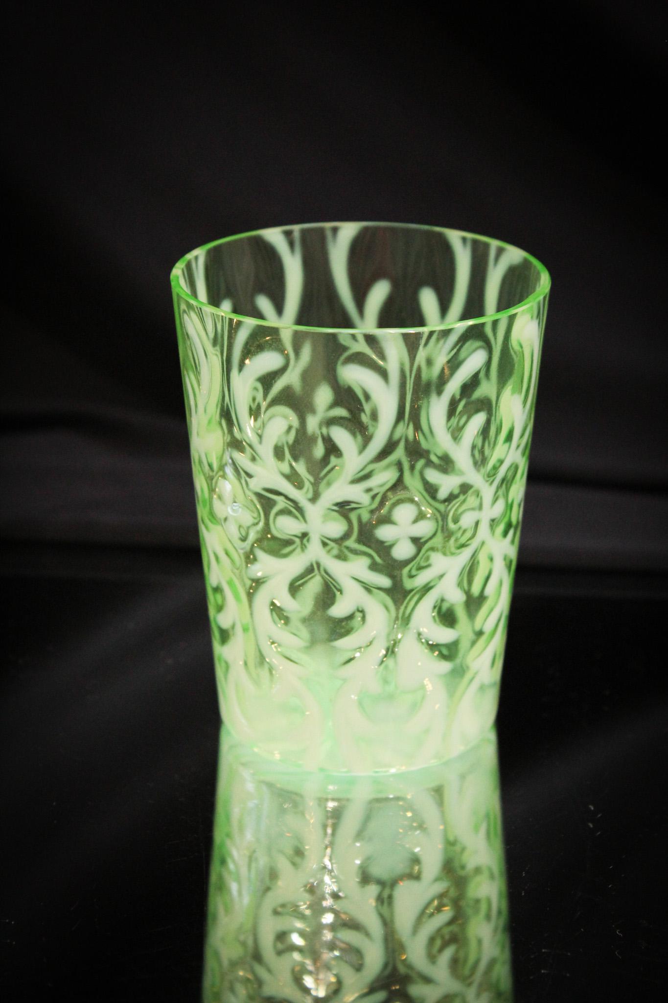 Green Opalescent Victorian Glass Spanish Lace Tumbler: Fine example of the Spanish Lace pattern in seldom found green opalescent. Look at the color and the opal how nice it is. Do you need one to complete your set? Here is your chance. It measures 3 3/4" 