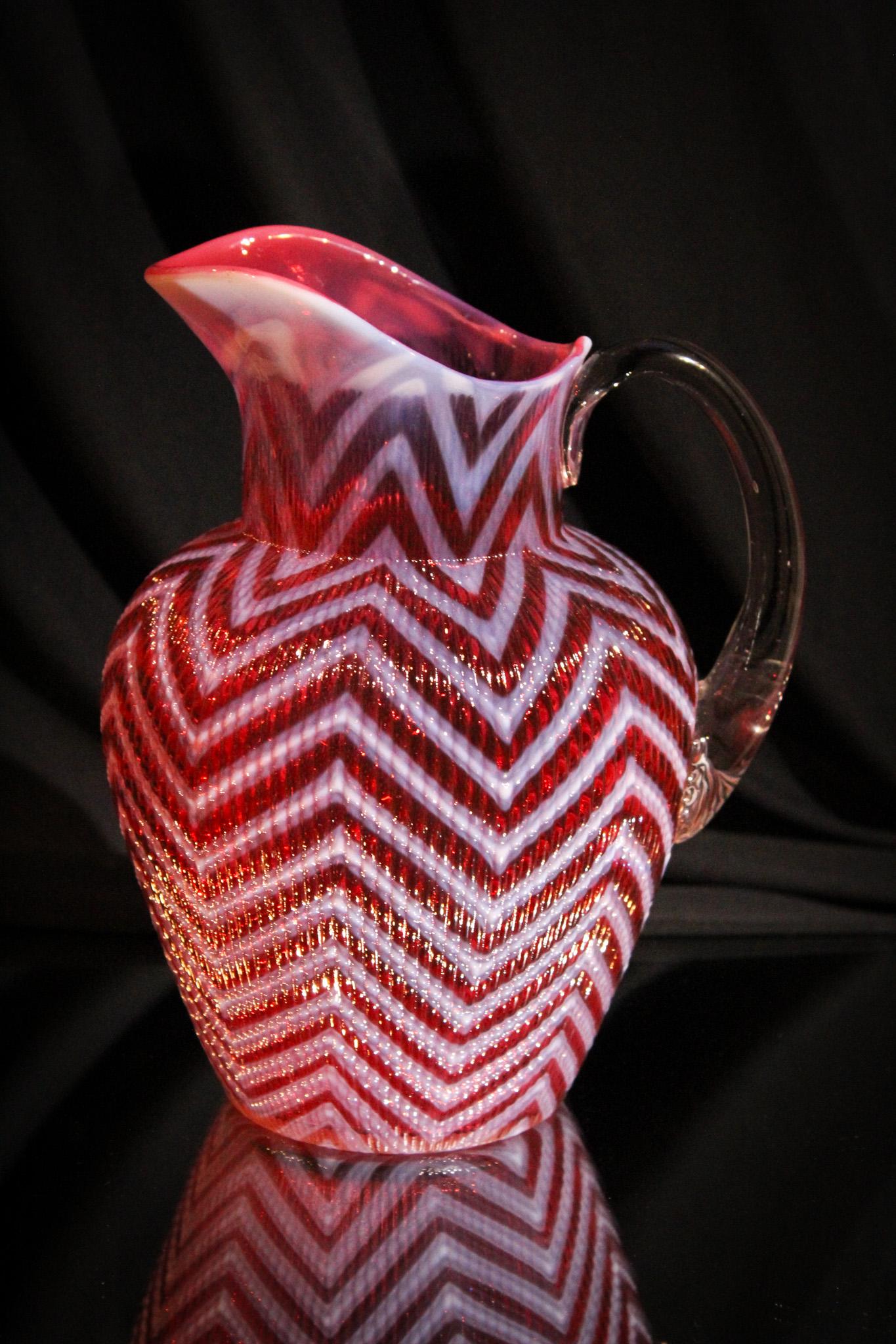 Rare Northwood Cranberry Opalescent Herringbone Pitcher (1 of 5)