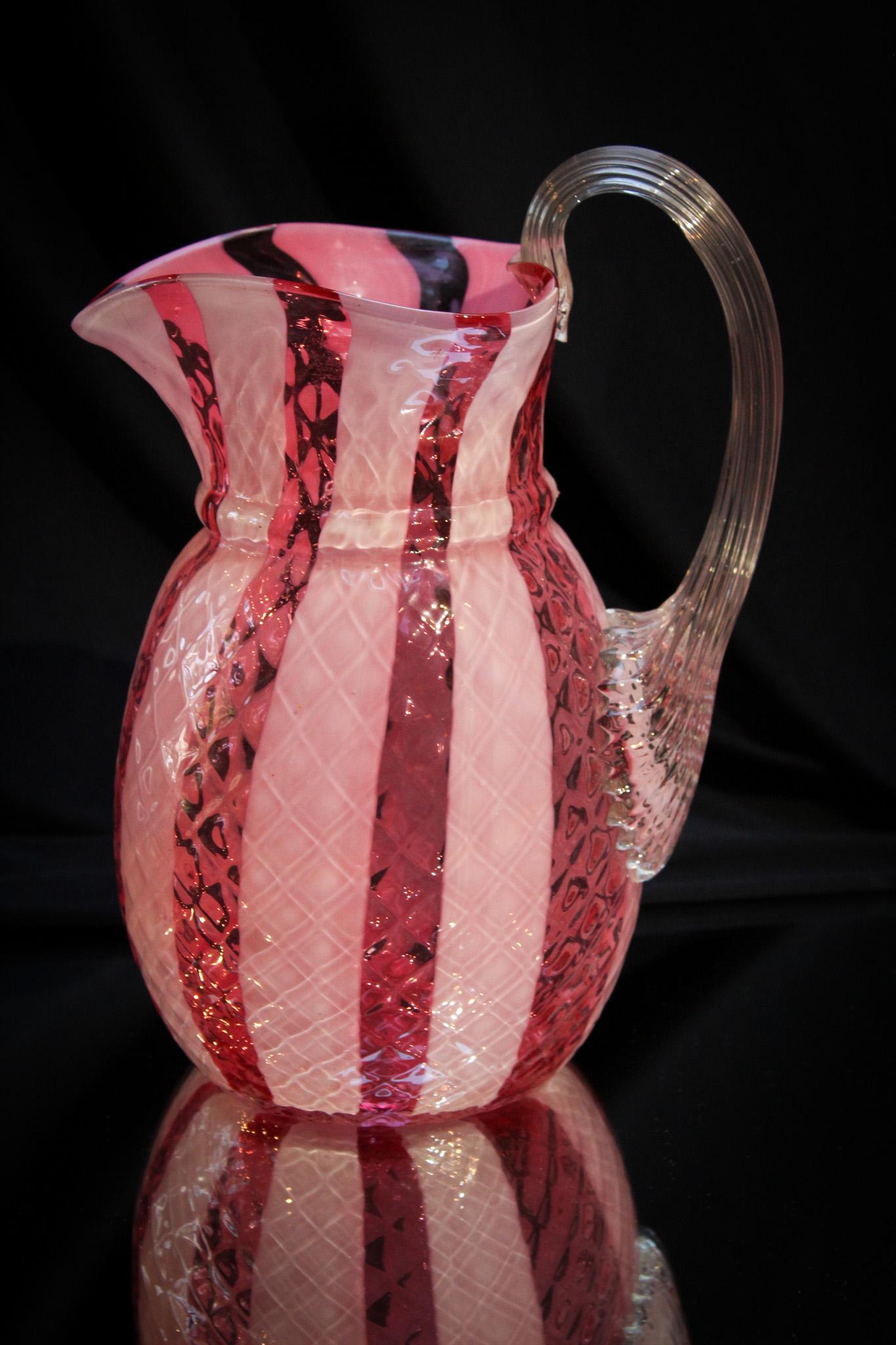 Cranberry Opalescent 10" Wide Stripe Heart Top Pitcher (1 of 4)