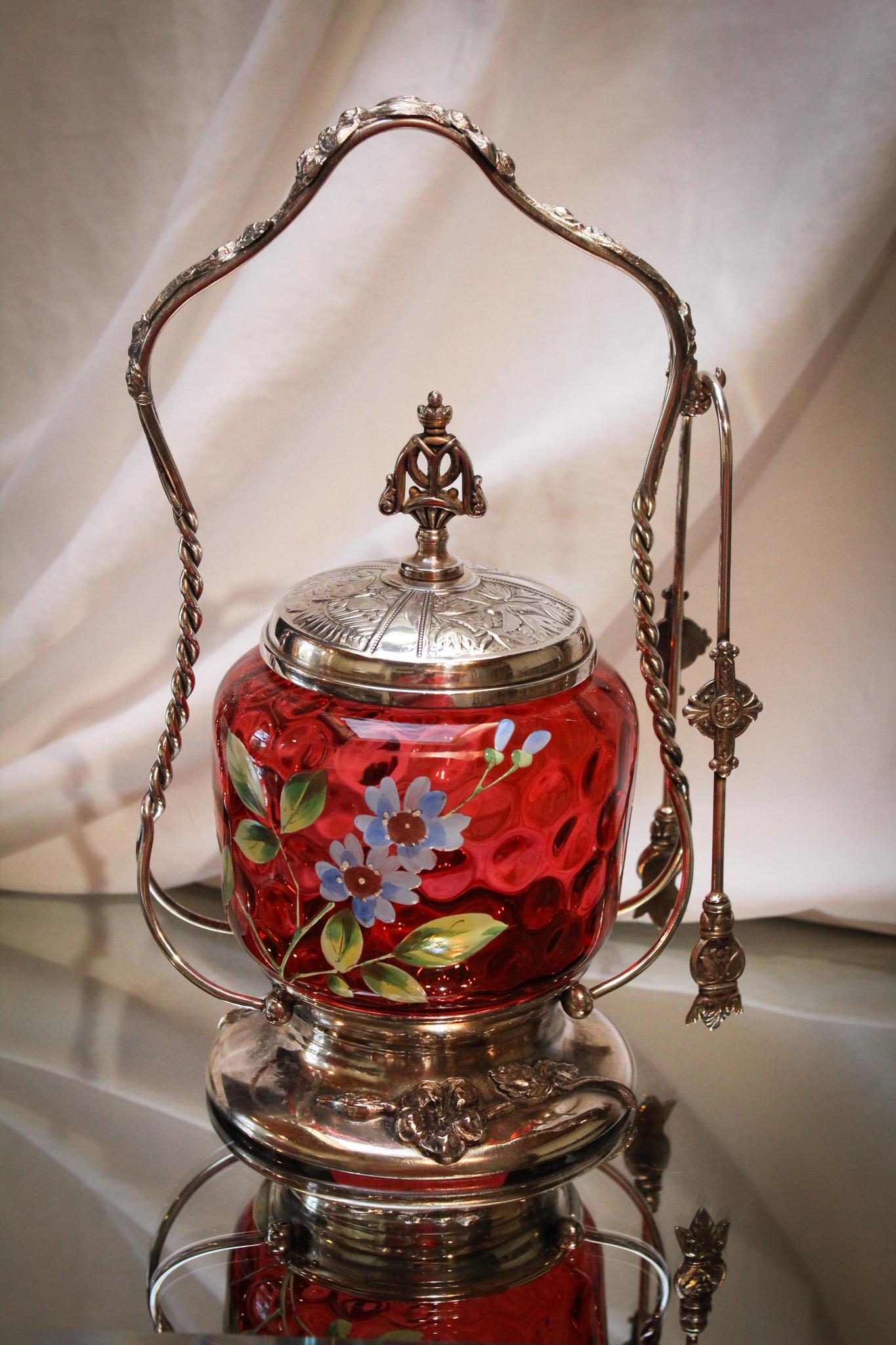 Cranberry Opalescent Enameled Victorian Van Bergh Silverplate Pickle Castor (1 of 5)
