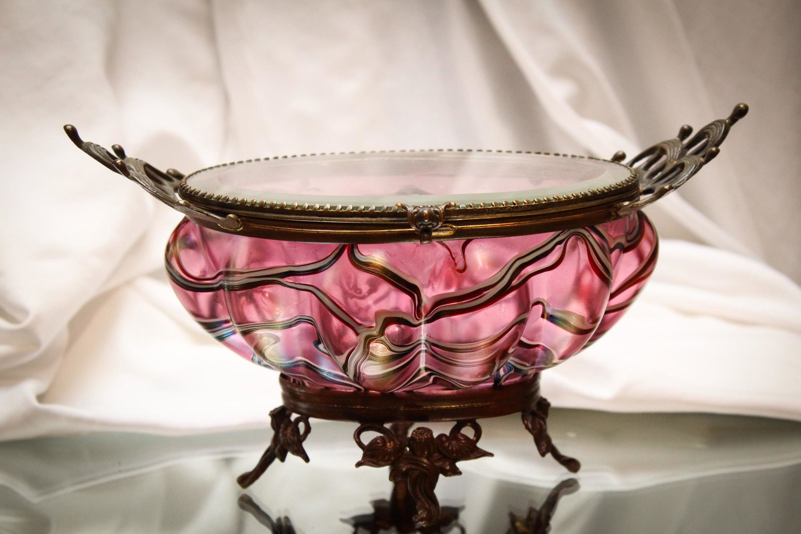 Austrian Irridescent Art Glass Jewelry Casket: We have never seen a piece like this before, folks. Over the top beautiful piece. A jewery casket with original mountings and beveled glass lid. Look at the colors in the glass and the design. This is
