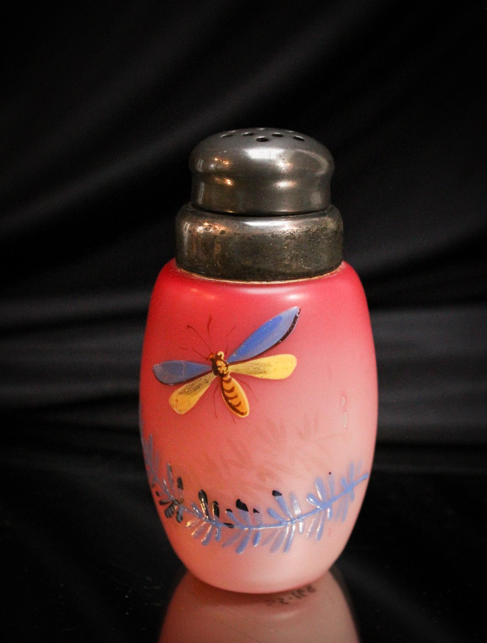Victorian Peachblow Satin Glass Enameled Dragonfly Salt Shaker: One amazing, over-the-top salt shaker. So pretty. Look at the dragonfly and the flowering vines. It measures an astonishing 3 1/2" tall.
