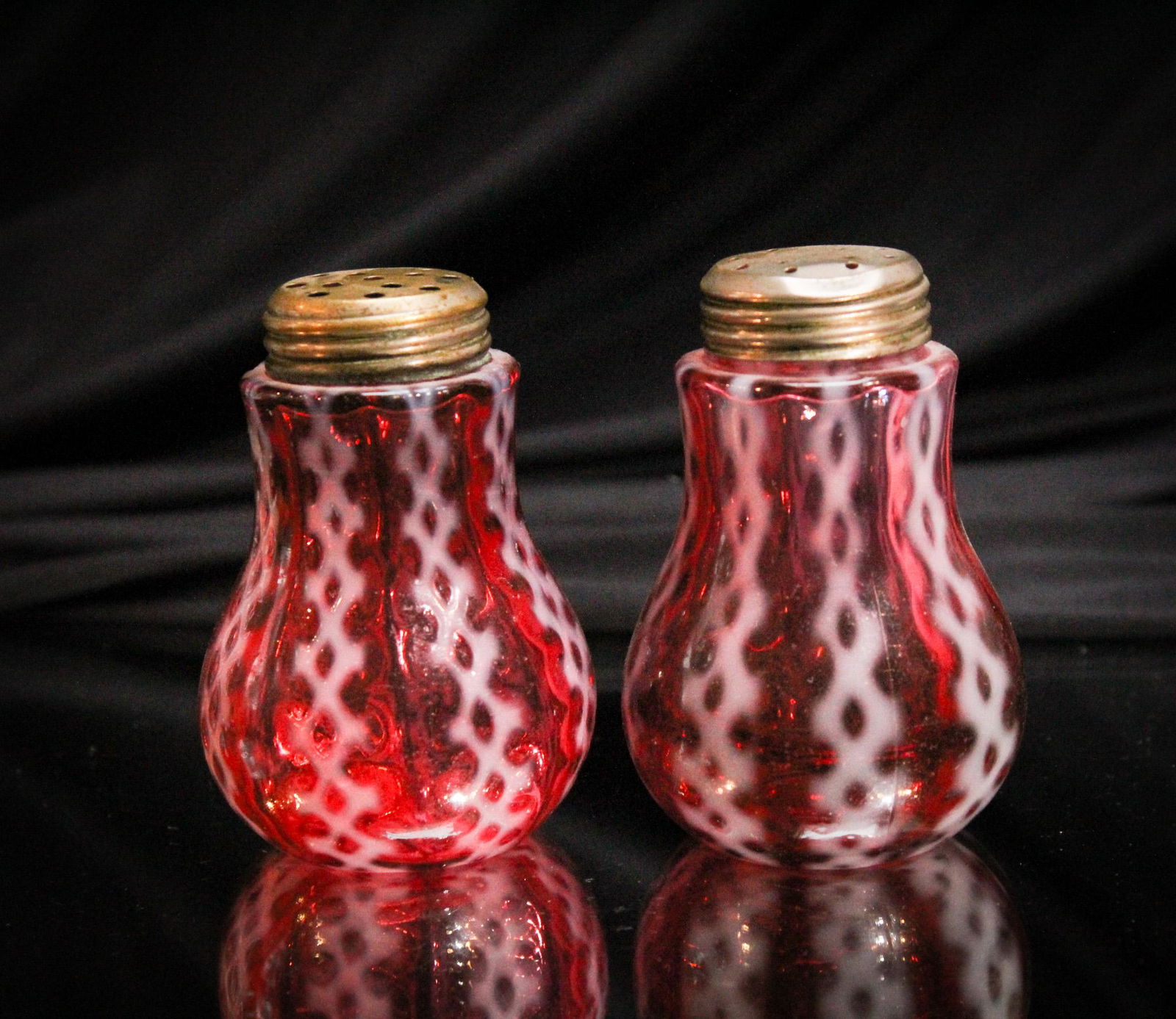 Cranberry Opalescent Criss Cross Victorian Salt Shakers (1 of 5)