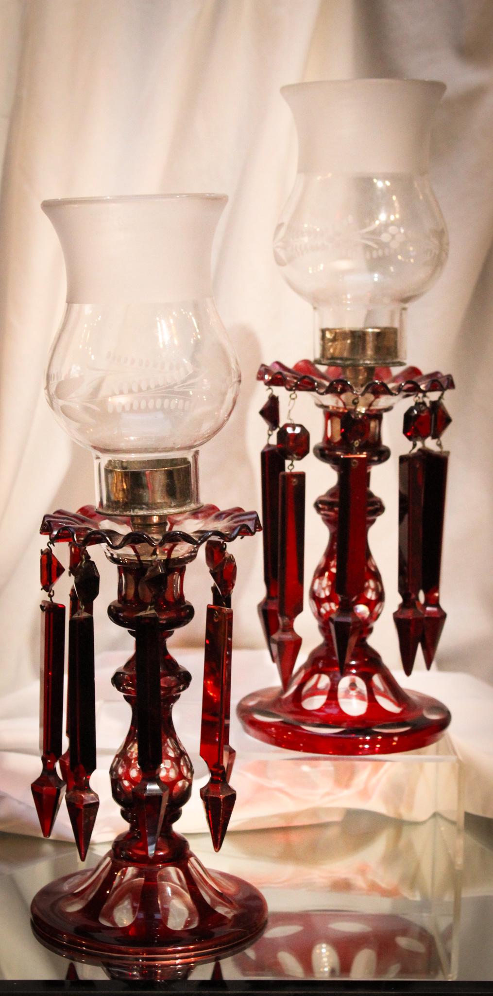Pr. Ruby Cut Overlay Mantle Lusters: Very unusual to find mantle lusters with ruby prisms. Look at the cut overlay work these piece display. They are amazing! Measuring in at 14" tall, they do make a statement!