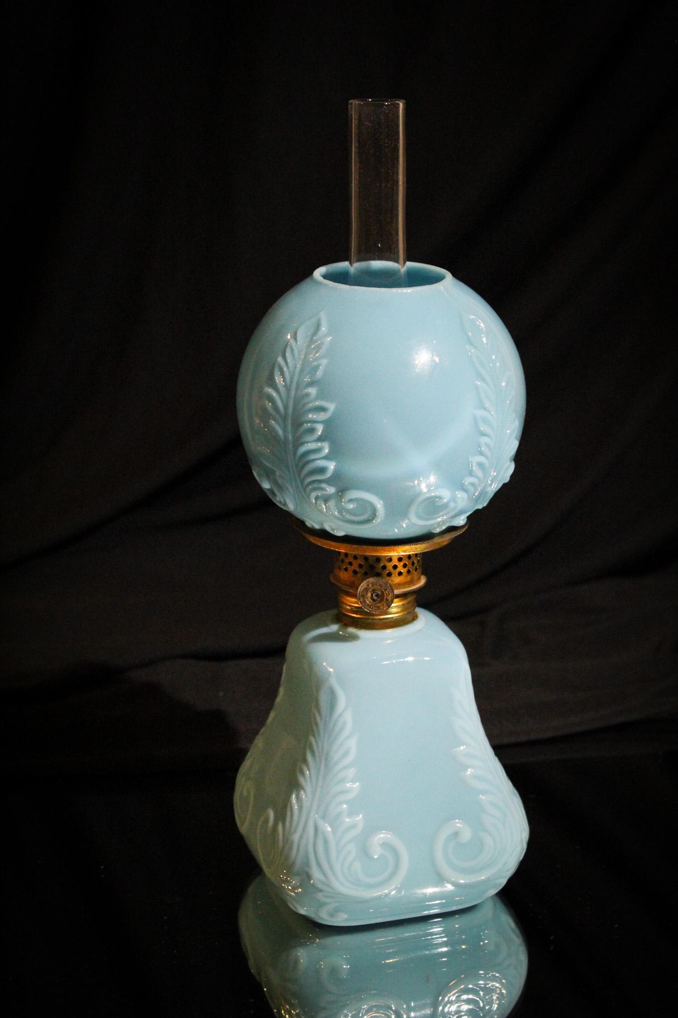 Victorian Blue Milk Glass Miniature Oil Lamp (1 of 6)