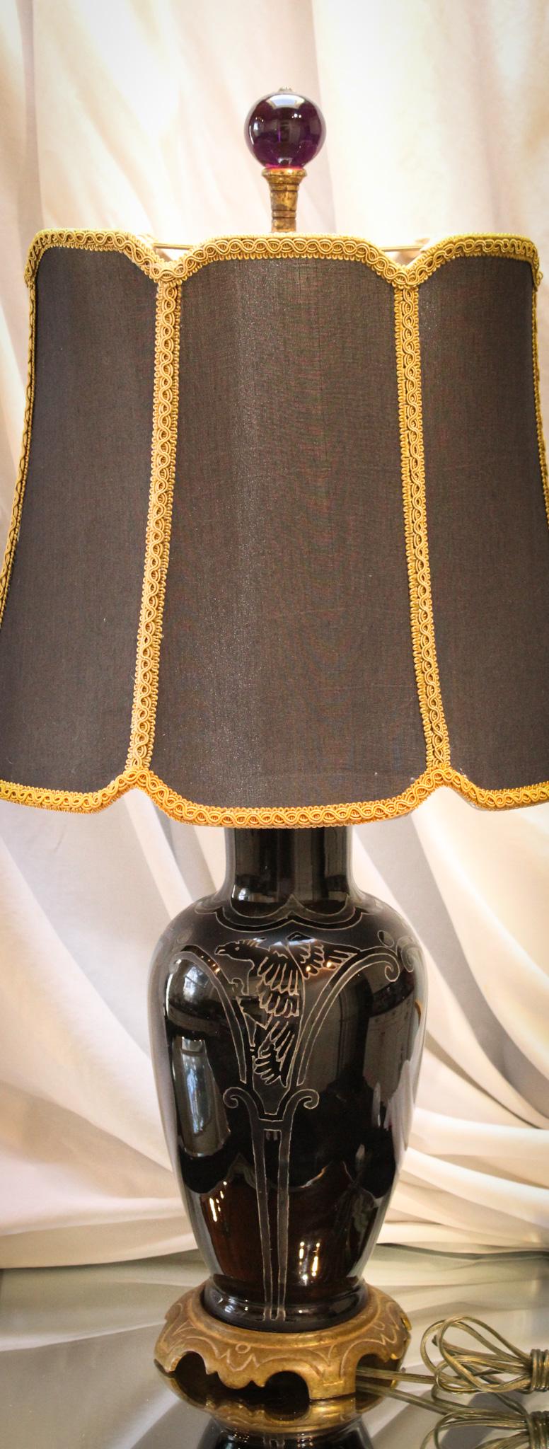 1920's Antique Sinclaire Glass Acid Etched Griffin Table Lamp (1 of 10)