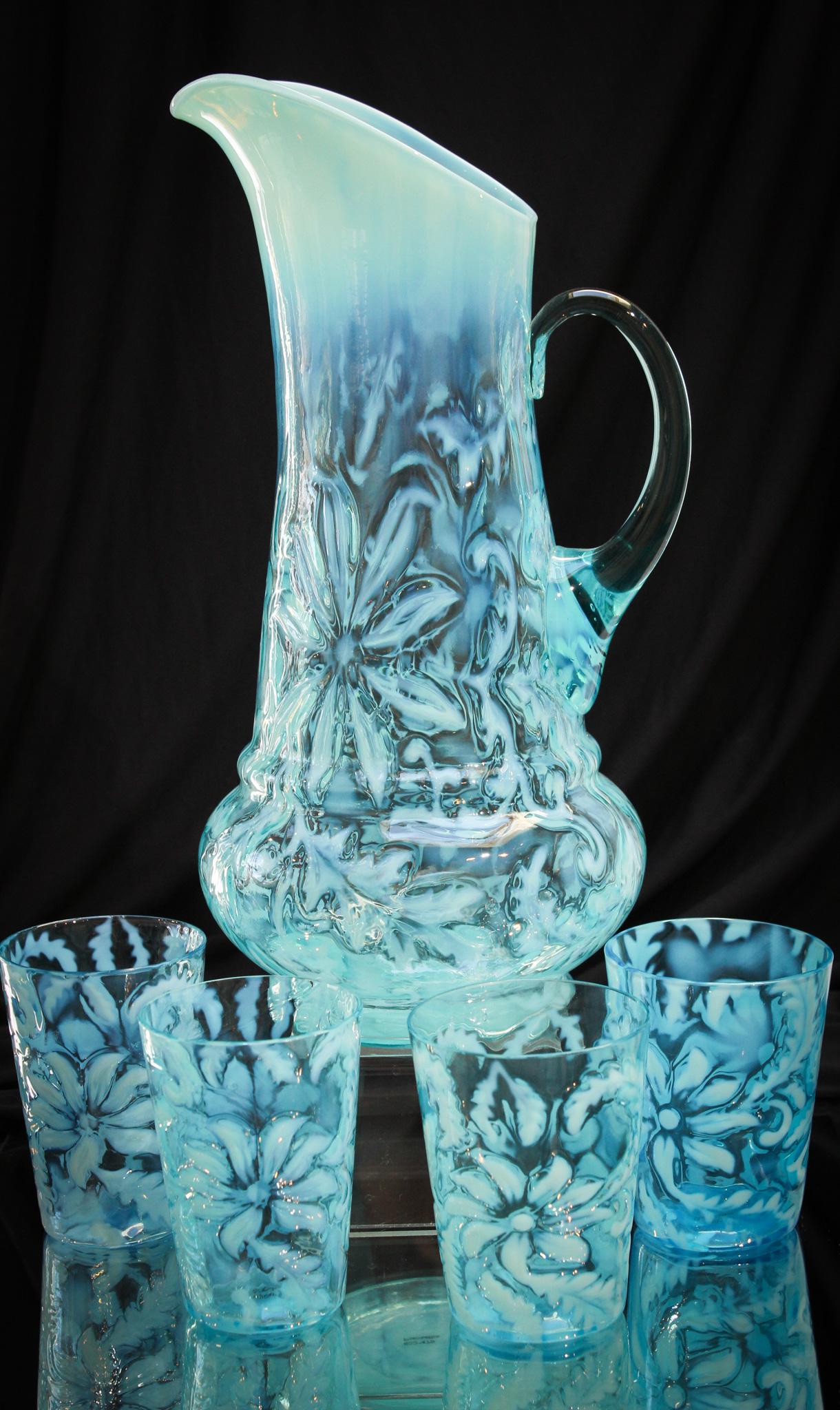 Blue Opalescent Northwood 5 pc Poinsettia Water set (1 of 10)