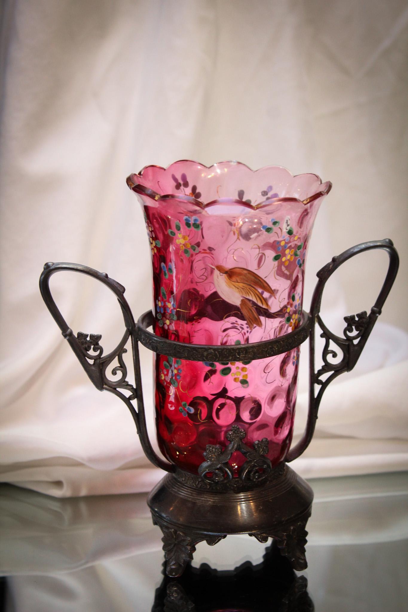 Victorian Cranberry Enameled Glass Silverplate Celery Vase (1 of 8)