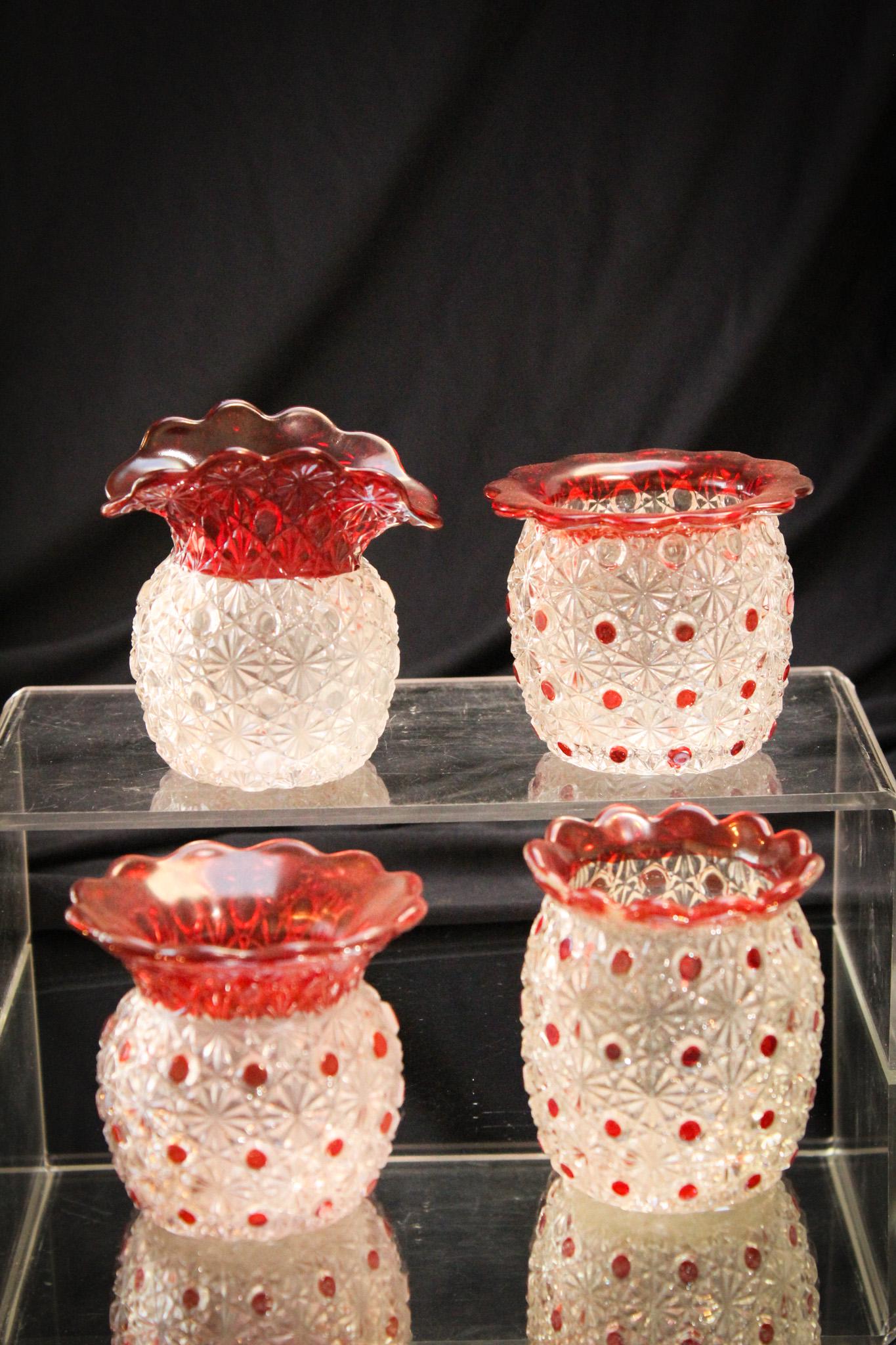 4 pc Lot Victorian Glass Ruby Stained Toothpick Holders: We love our collection of toothpick holders that we are selling. This is just another example of the fine wares collected for many years. Brought to you none other than Magnum Auctions. This grouping