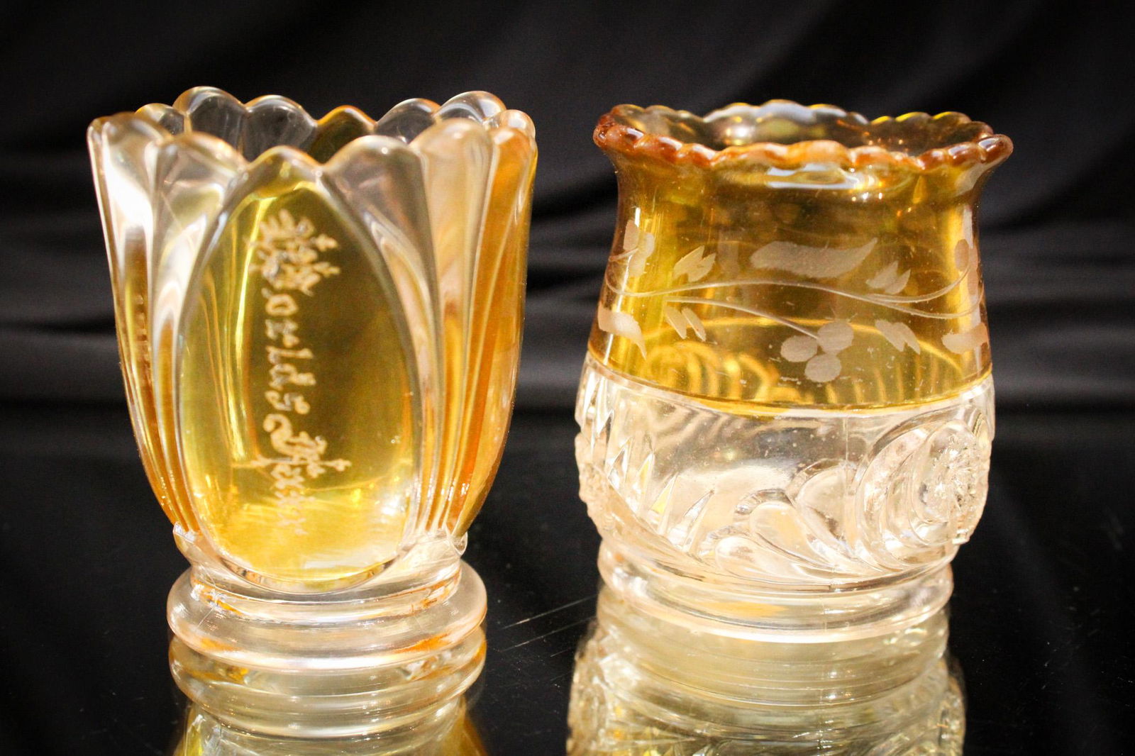 2 pc Lot of Victorian Amber Stained Engraved Toothpick Holders (1 of 5)