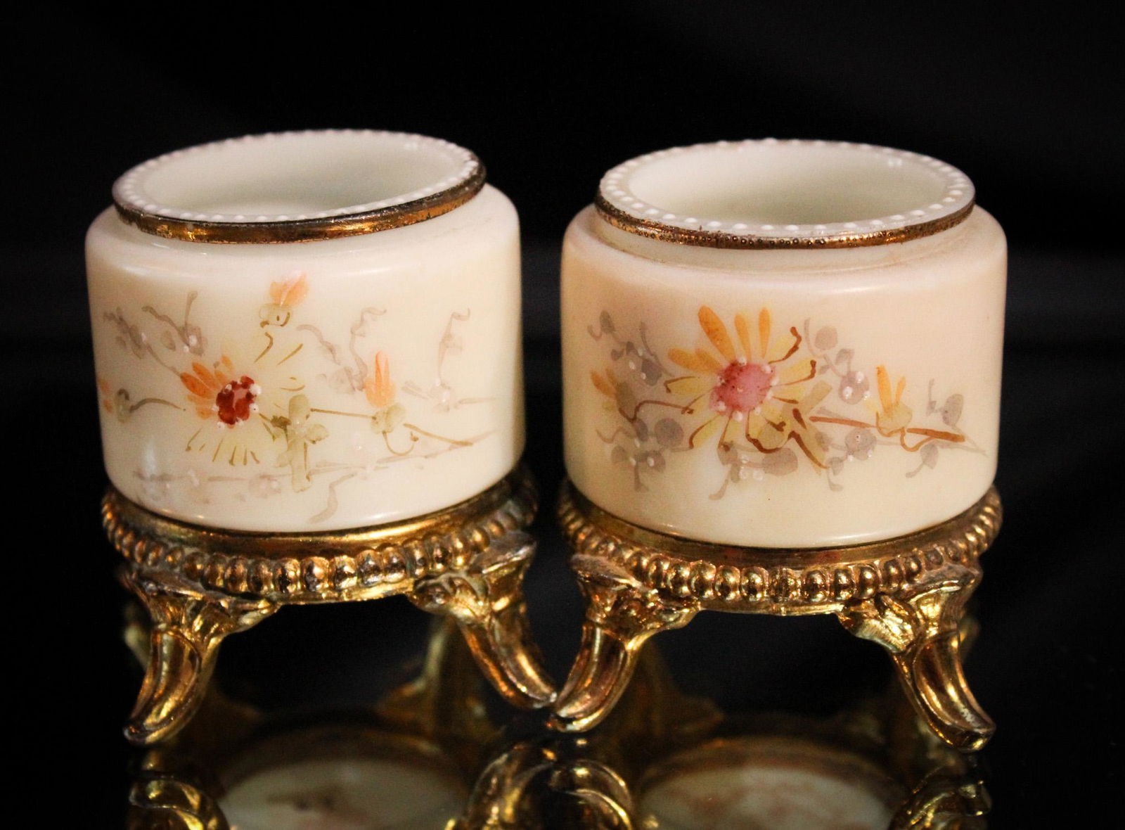 2 pc Lot Victorian Wave Crest Floral Decorated Toothpick Holders: Two is always better than one. Well? Yes, and we have combined two Wave Crest morsels in this lot for your eye candy. Both havefeet. Tallest measures 2 1/2" high of pure pleasure.