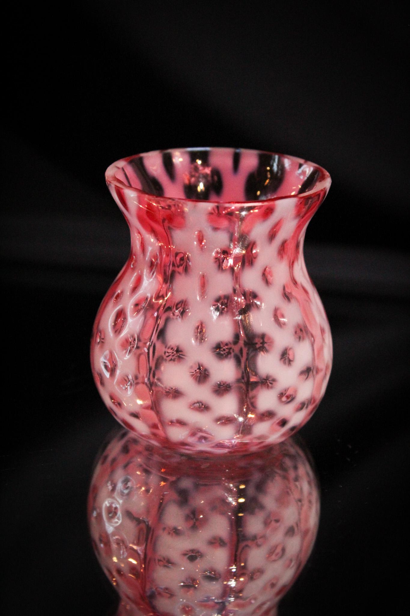 Cranberry Opalescent Criss Cross Victorian Toothpick Holder: A fine example of Consolidated Criss Cross in the toothpick. This one stands 2 1/2" tall.