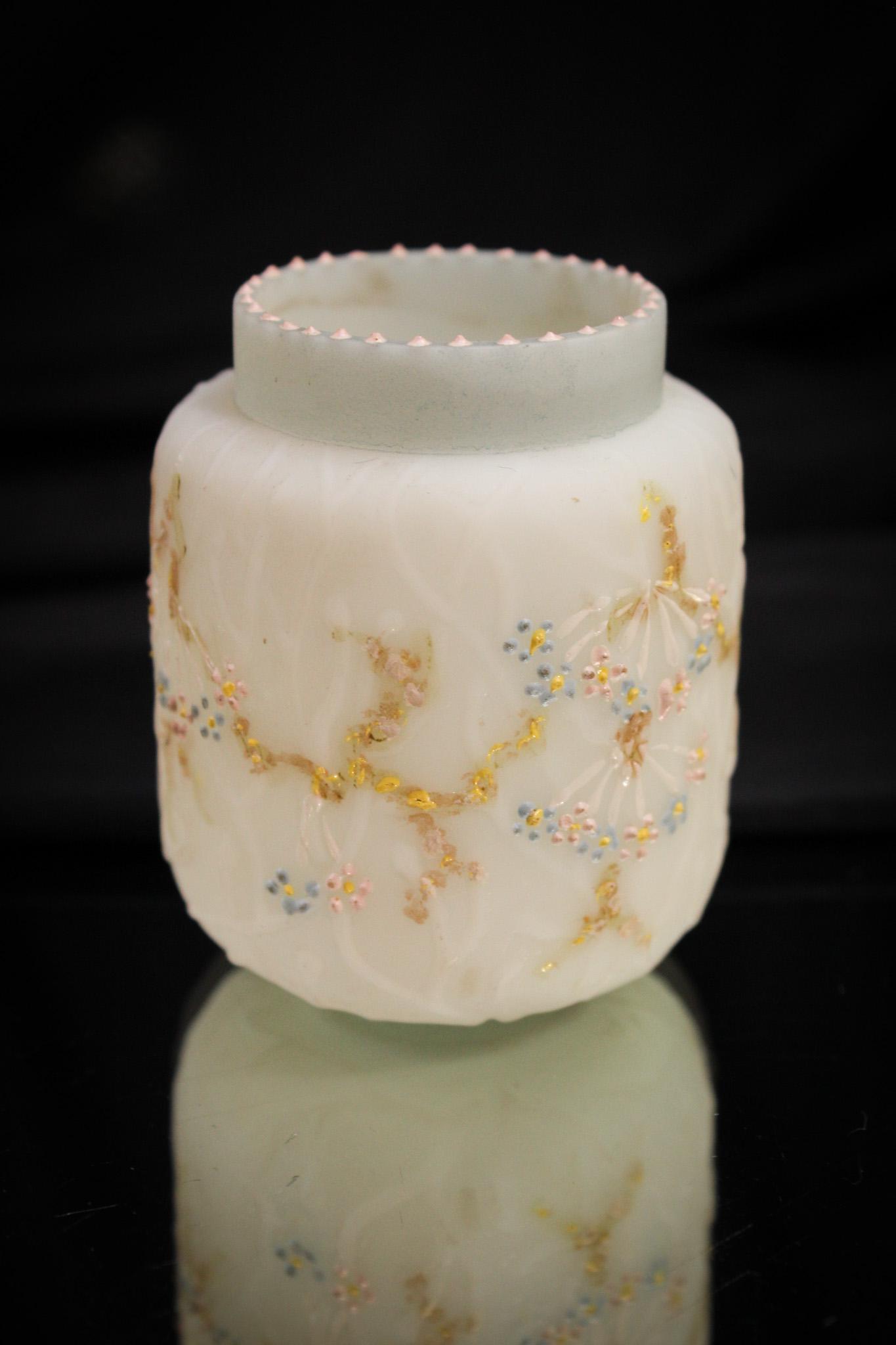 Mt. Washington Victorian Glass Toothpick Holder: Wonderful Victorian toothpick holder by Mt. Washington Glass. A favorite maker among all you Pickies. Lovely blue floral decoration. It stands a regal 2 1/2" tall.