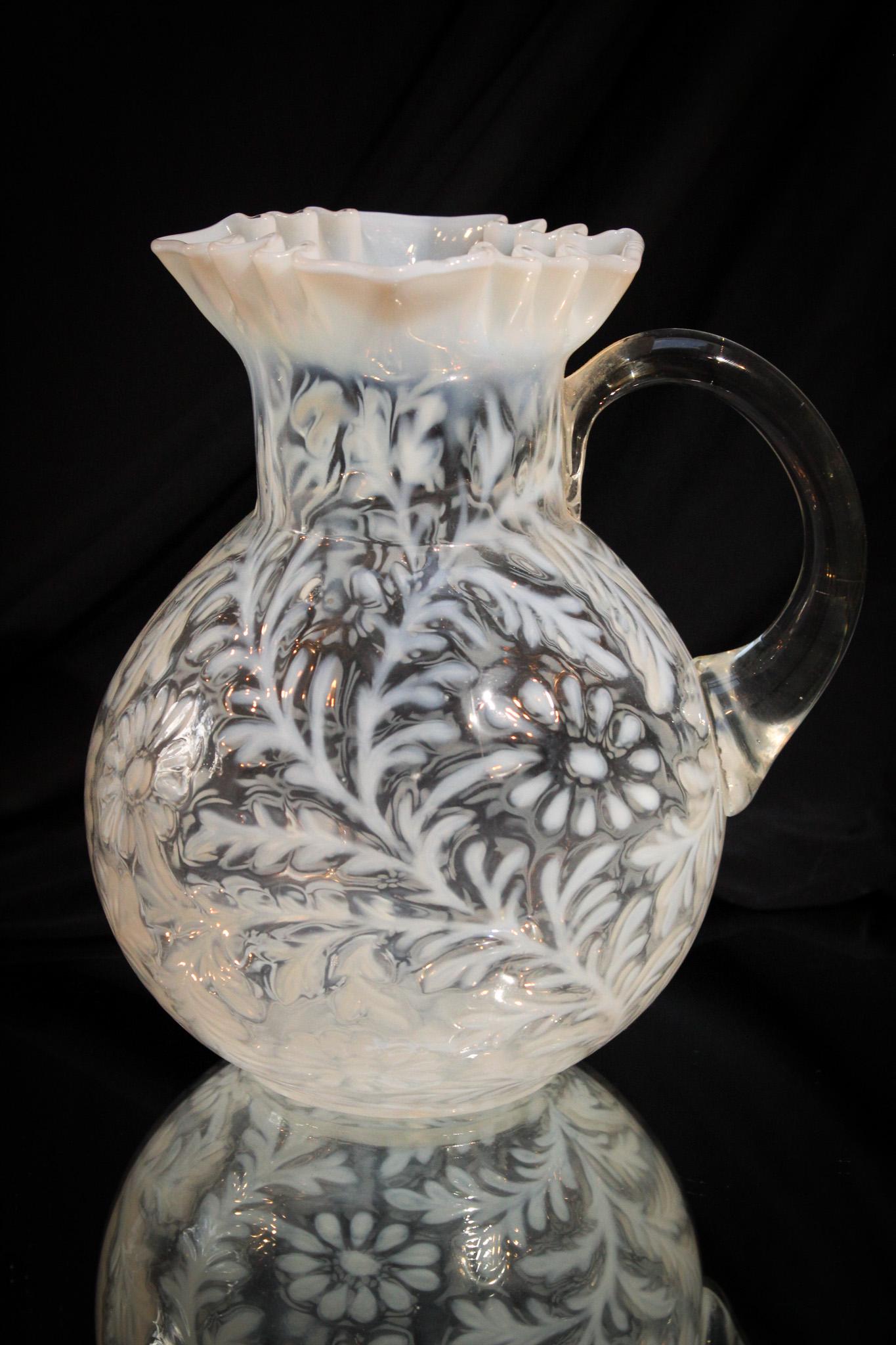 Northwood Opalescent Daisy & Fern Pitcher: Folks, take a look at this spectacular example of Northwood's Daisy and Fern pattern. Classic form for the pitcher. Example is scrumptious. It measures 9" tall.