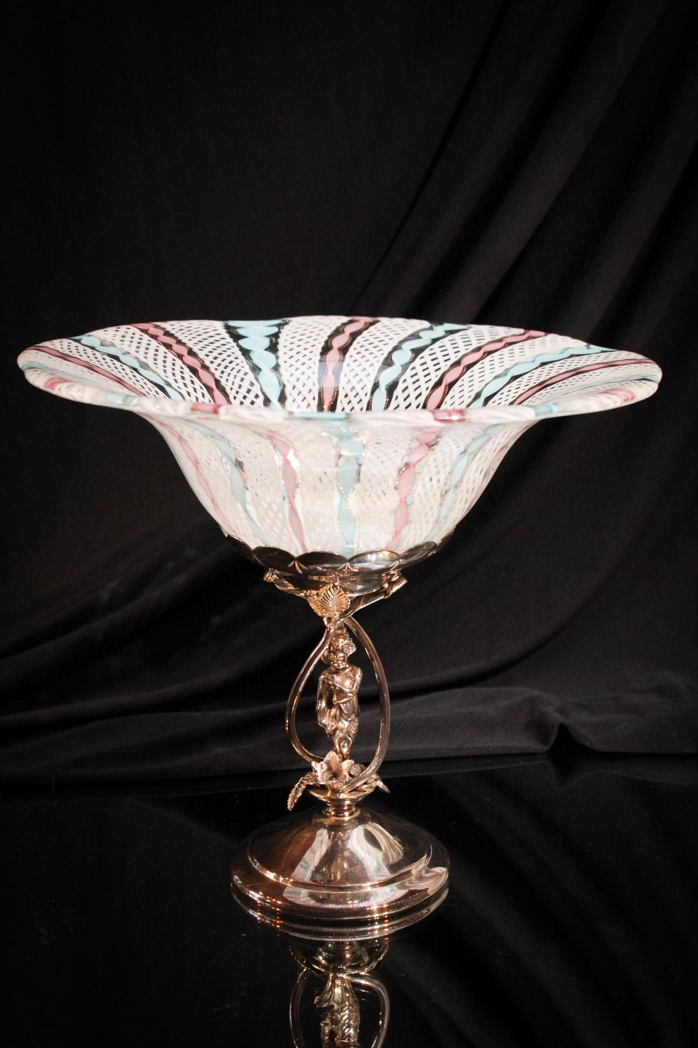 Latticino Ribbon Art Glass Silverplate Pedestal Tazza (1 of 11)