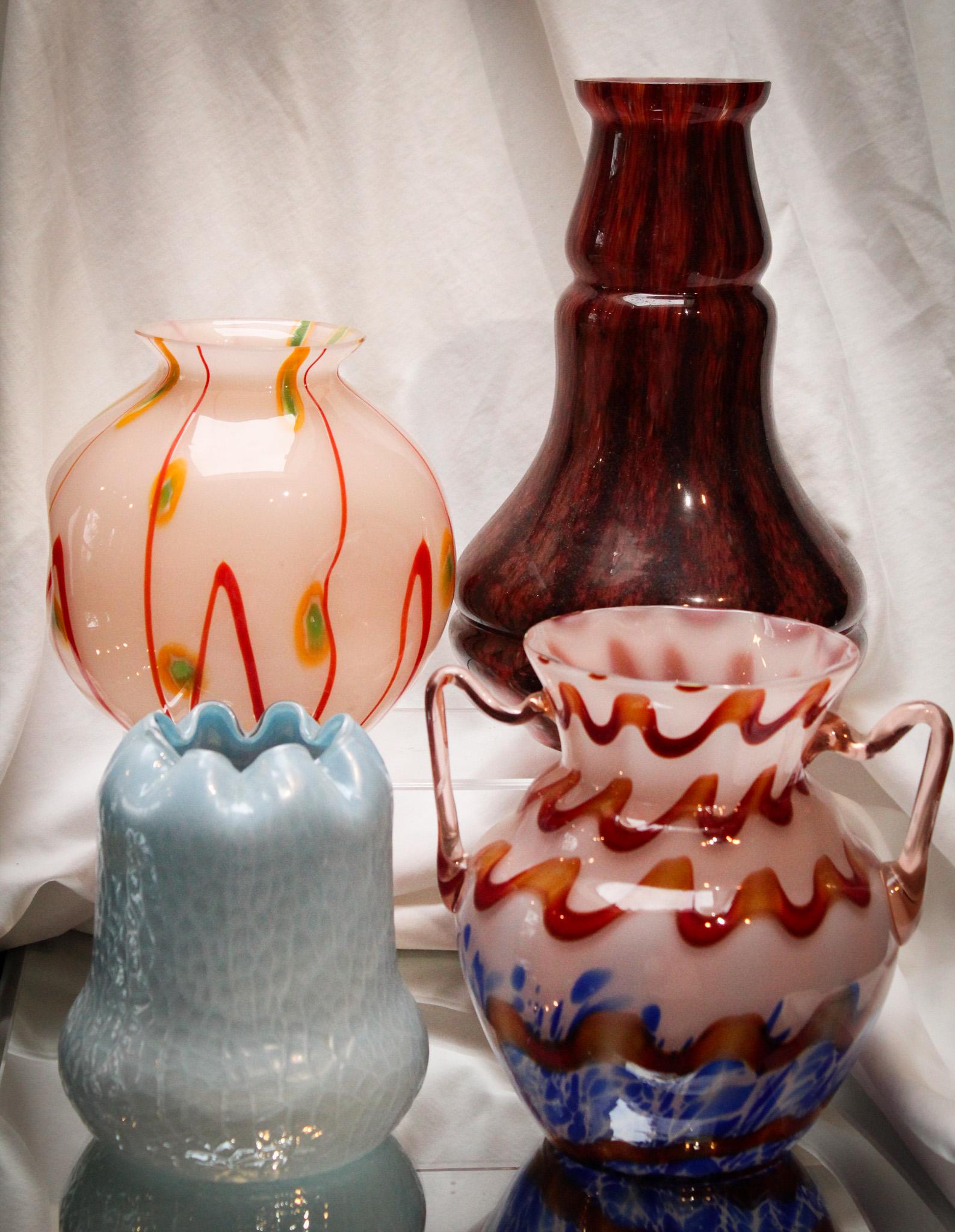 4 pc Lot Czechoslovakian Art Glass Kralik & More: How about this prime offering of Czech art glass including examples of Kralik and more makers? Lovely. Tallest measures 10".