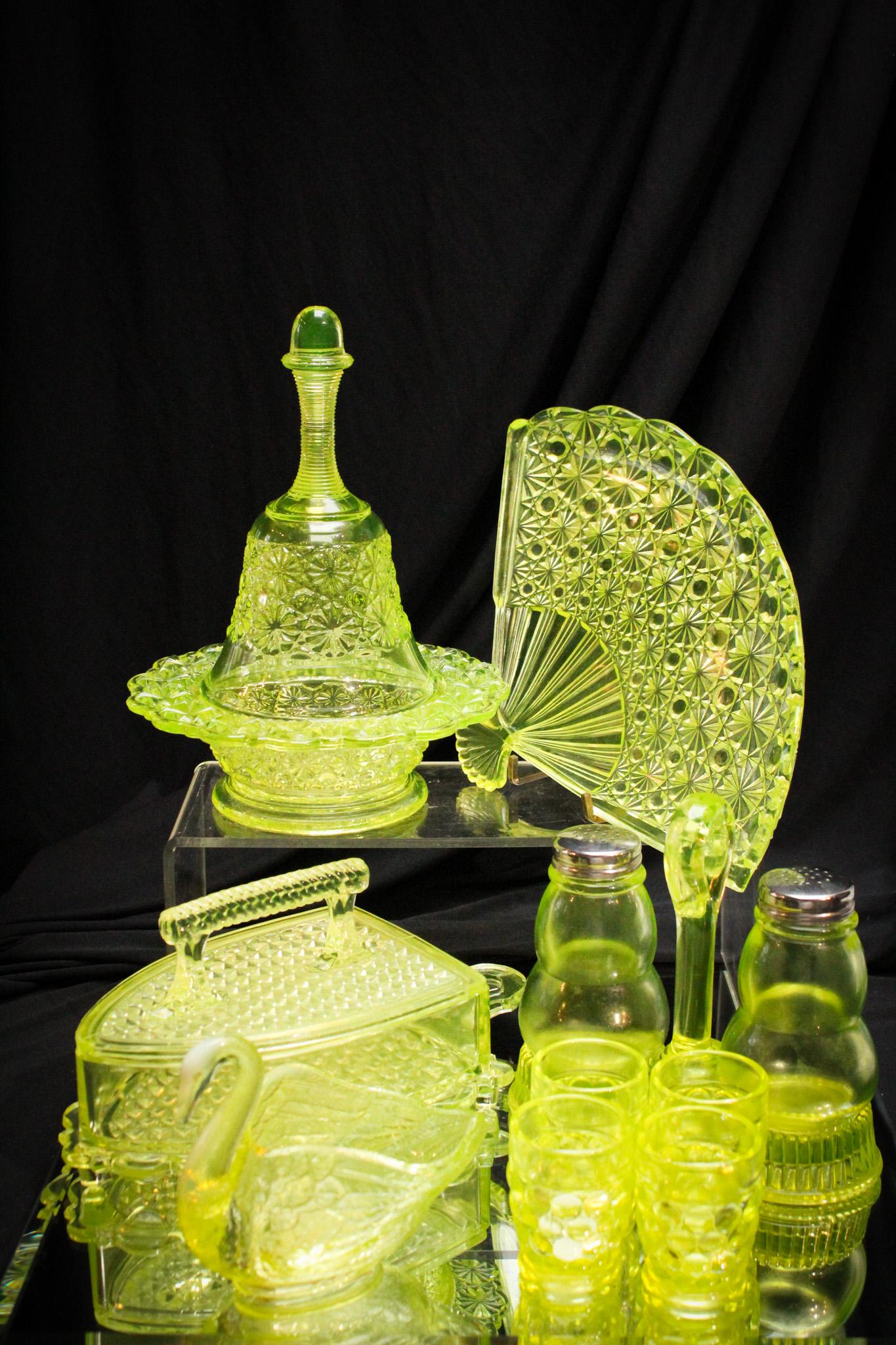 Mega Magnum Auctions Lot of 9pcs of Vaseline Yummy Glass: What a wonderful offering of vaseline glass comprised of 9 select pieces sure to bring some joy to the darkest days. This ray of sunshine gives a little hope to even the worst. Largest measures 8 1/2"