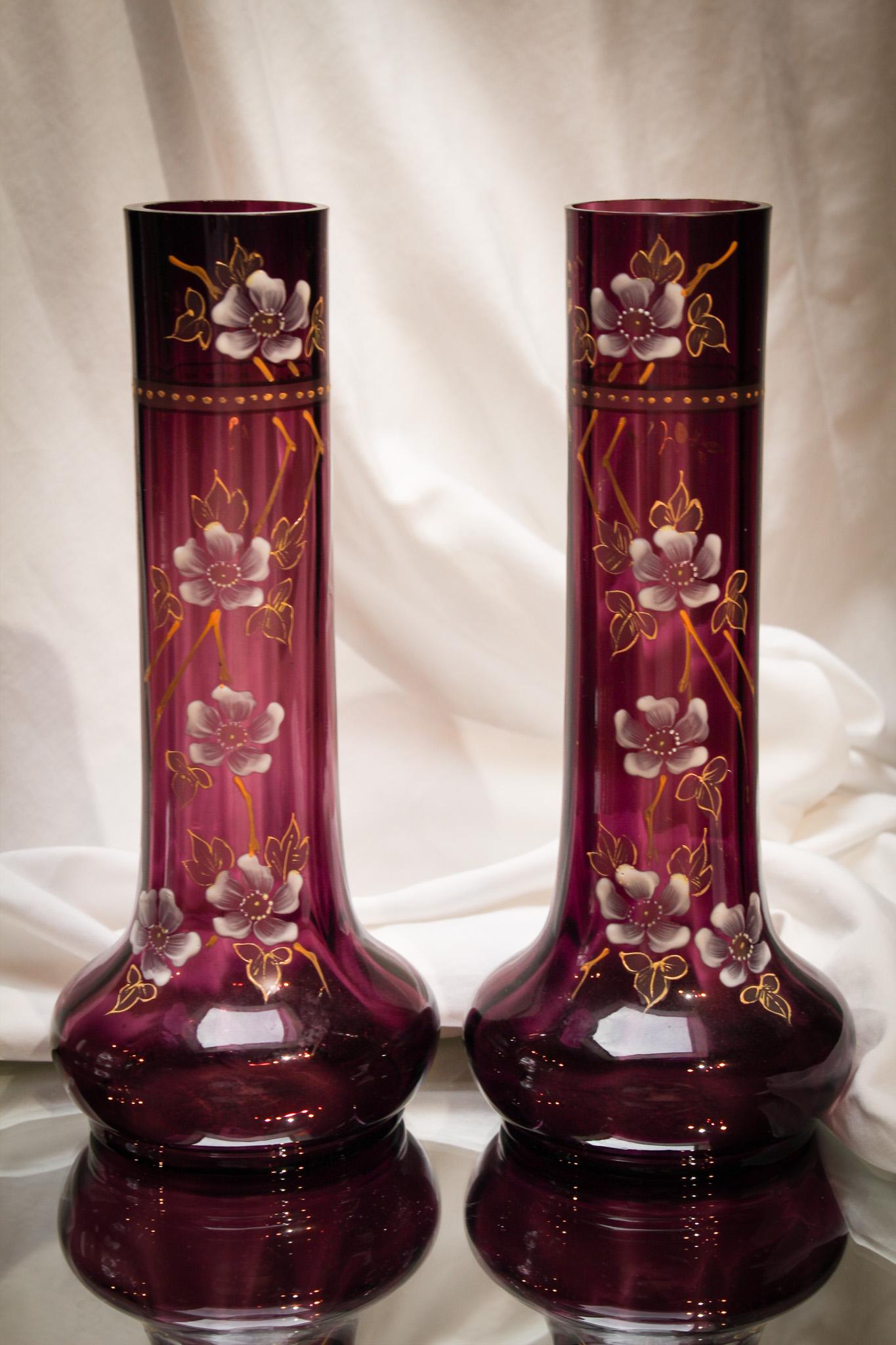 2 pc Lot Victorian Amythest Art Glass Enameled Vases: Such pretty coloring to these two vases. Our Manager of Packing, Esmerelda, loves the color of these vases. She, once in her younger days in the early 1920's, grew a garden of lavender and purple colo