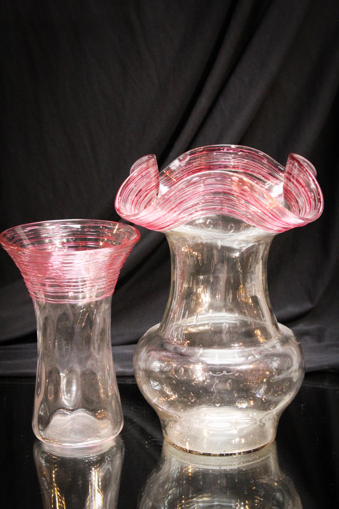 2 pc Lot Fry Glass Controlled Bubble and Pink Threading: The pink on these two pieces is so soft and reminiscent of cotton candy you used to get at the county fair. Beautiful controlled bubble and threading make these 2 pieces of Fry glass amazing. Largest 