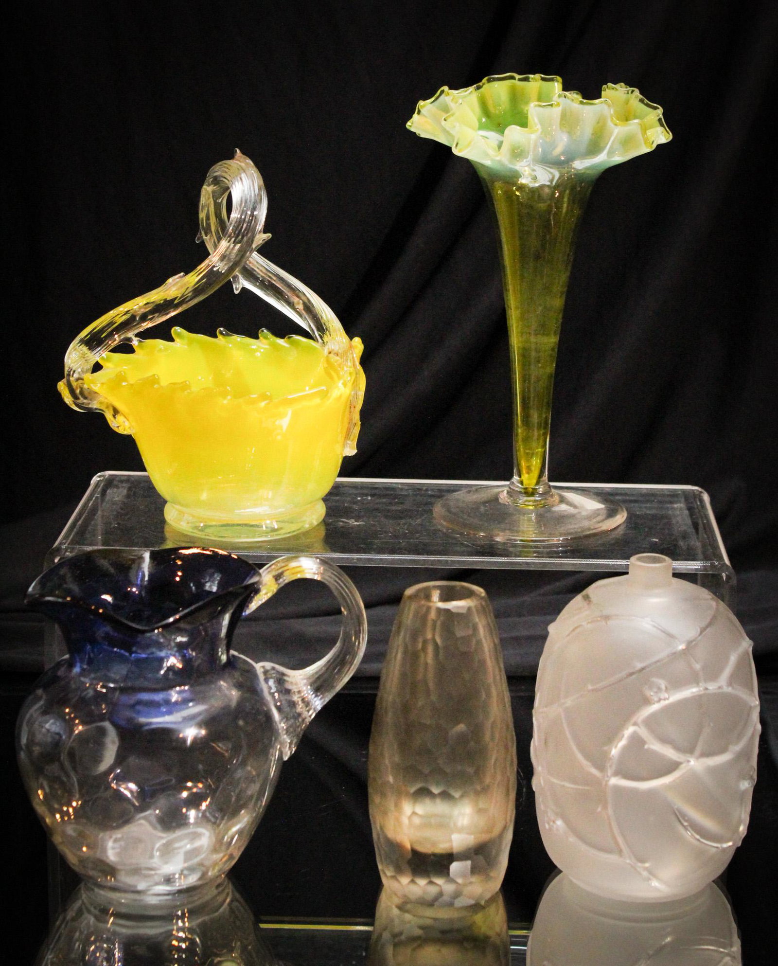 5 pc Lot Victorian Glass Grand Pleasure Assortment: So much eye candy and pleasure, and grandeaur as well is featured in this grouping. Great select pieces of Victorian glass fineries that will tantalize you into bidding. Incredible offering. Raise you