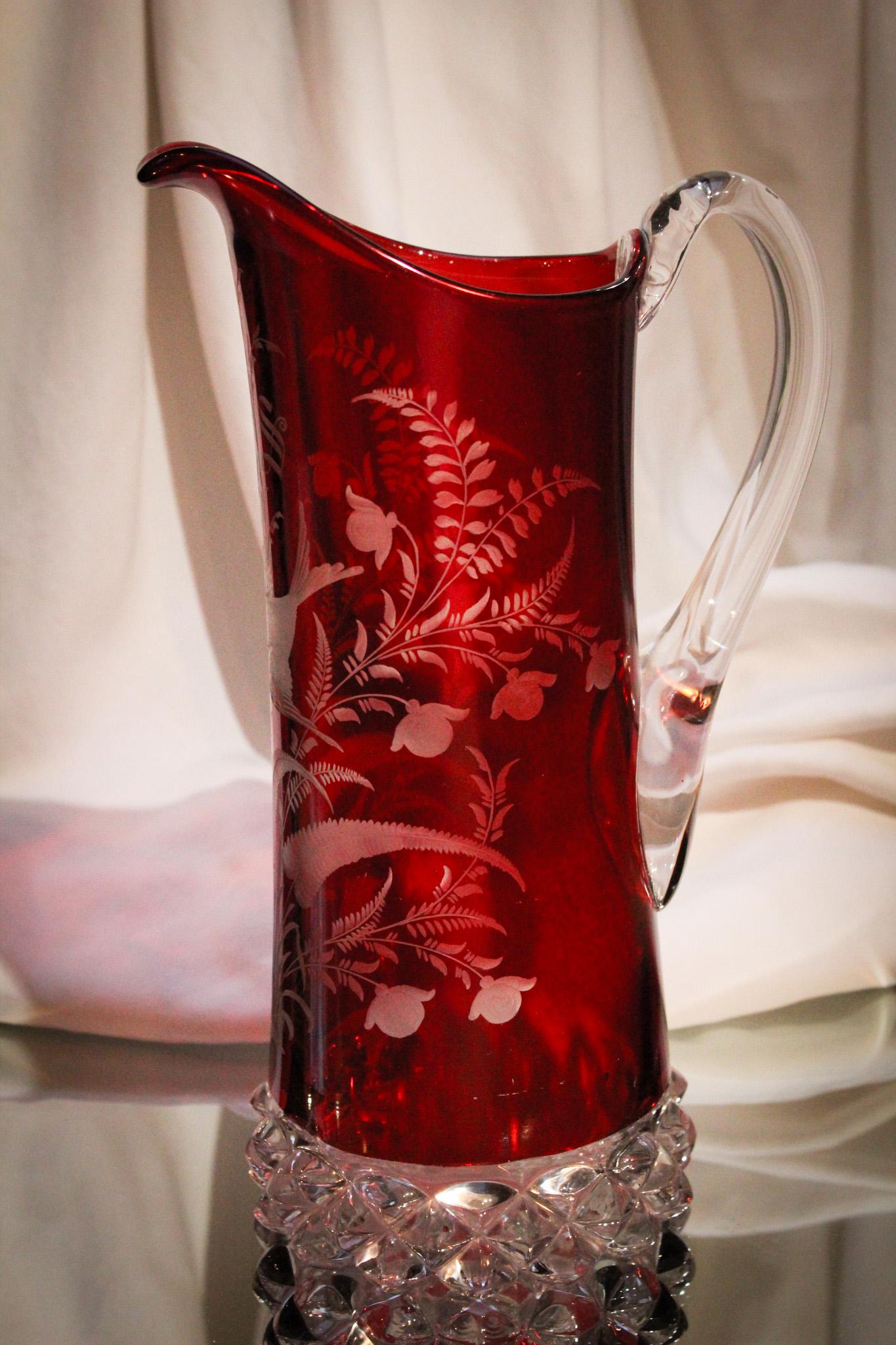 Ruby Stained Victorian Glass Etched 12" Tankard Pitcher (1 of 5)