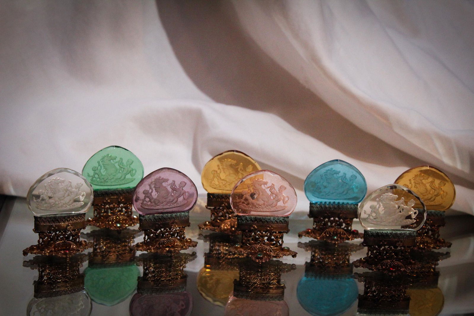 8 pc Lot Intaglio Czechoslovakian Jeweled Place Card Holders: Beautiful set of 8 Czechoslovakian Intaglio place card holders with jeweled frames. Very ornate.