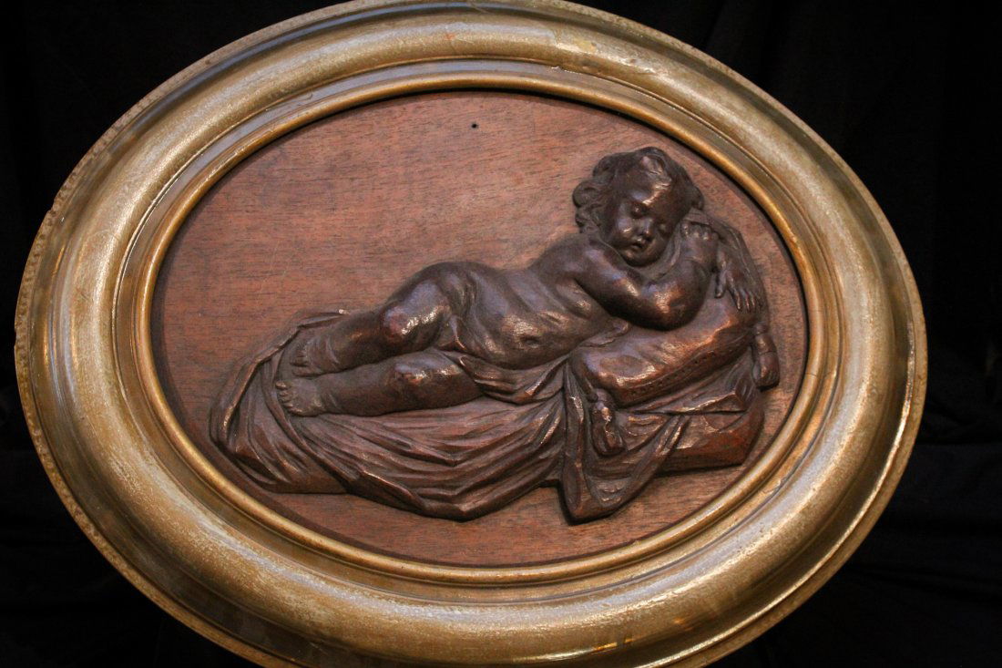 Victorian Framed Walnut Cherub 18" Plaque (1 of 5)