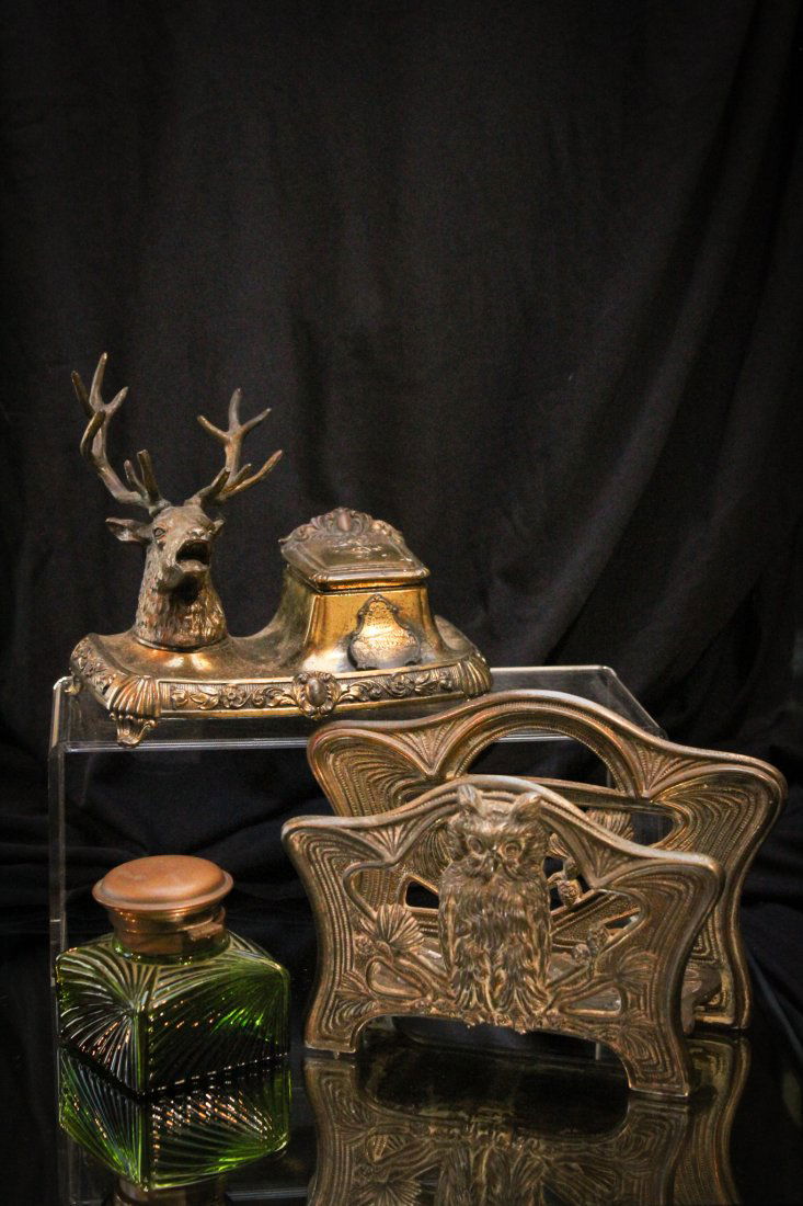 3 pc Lot Victorian Stag Inkwells & Owl Letter Holder (1 of 14)
