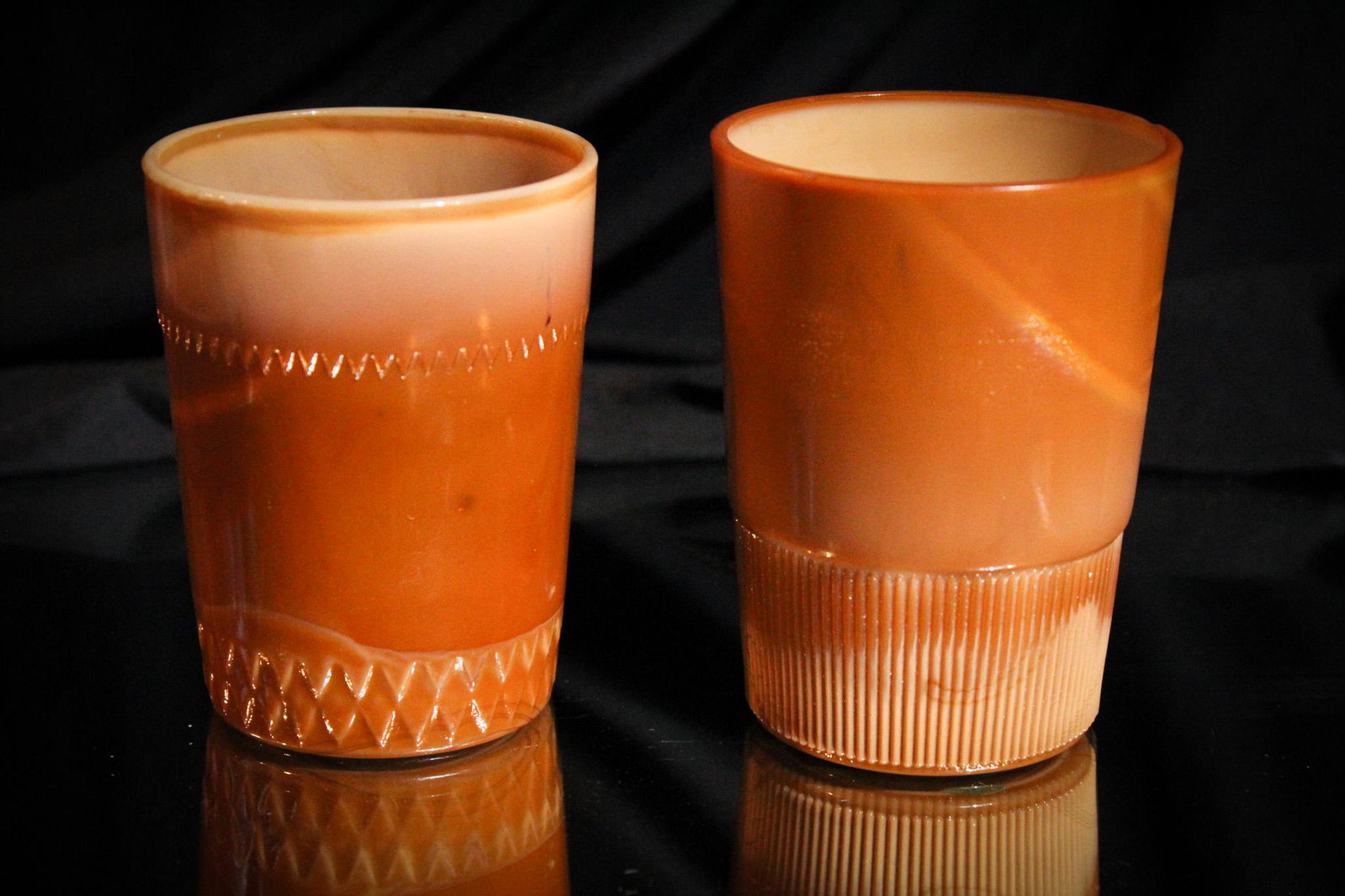 2 pc Lot Greentown Chocolate Glass Victorian Tumblers: Like these tumblers? We sure do. Oh the chocolate. That deep, rich, succulent, mouthwatering, seductive, slightly provocativeâ€¦..chocolate. Measures 4" tall.