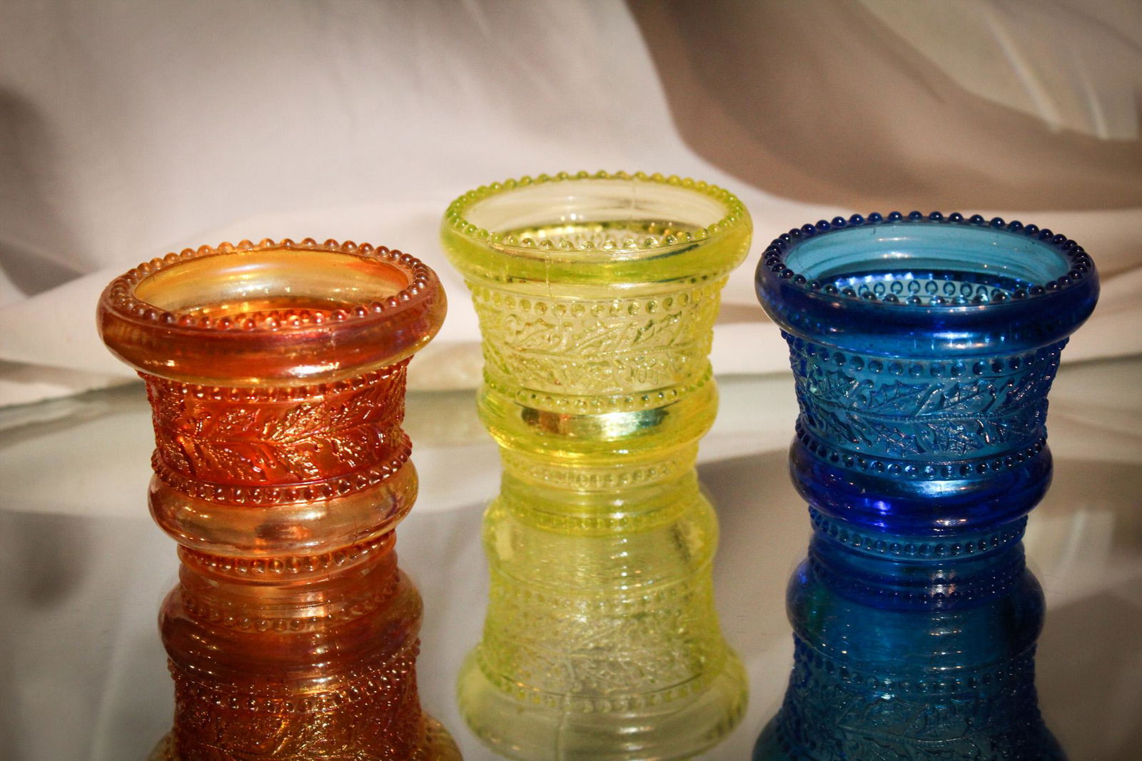 3 pc Lot Reproduction Greentown Toothpick Holders: Esmerelda, our 102 year old packing manager loves these. Sure they are not old. Sure they aren't as valuable as the old ones. None the less, she loves them. She does have any eye for beauty. You can t