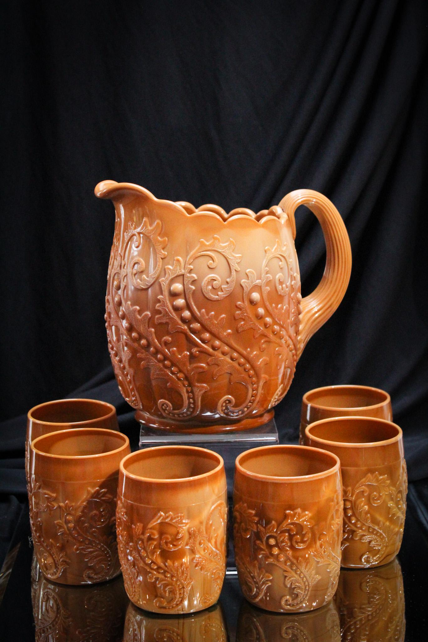 Rare Chocolate Victorian Glass McKee Chrysanthemum Leaf 7pc Water Set (1 of 13)