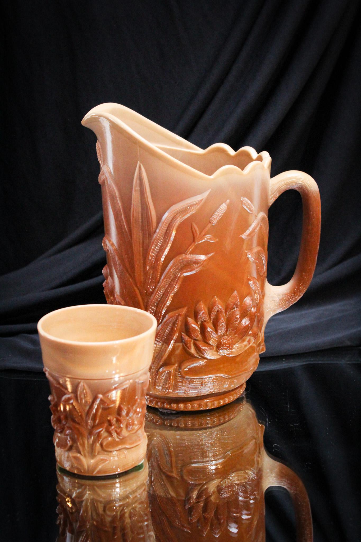 Rare Fenton Chocolate Glass Water Lily & Cattail Pitcher & Tumbler (1 of 10)