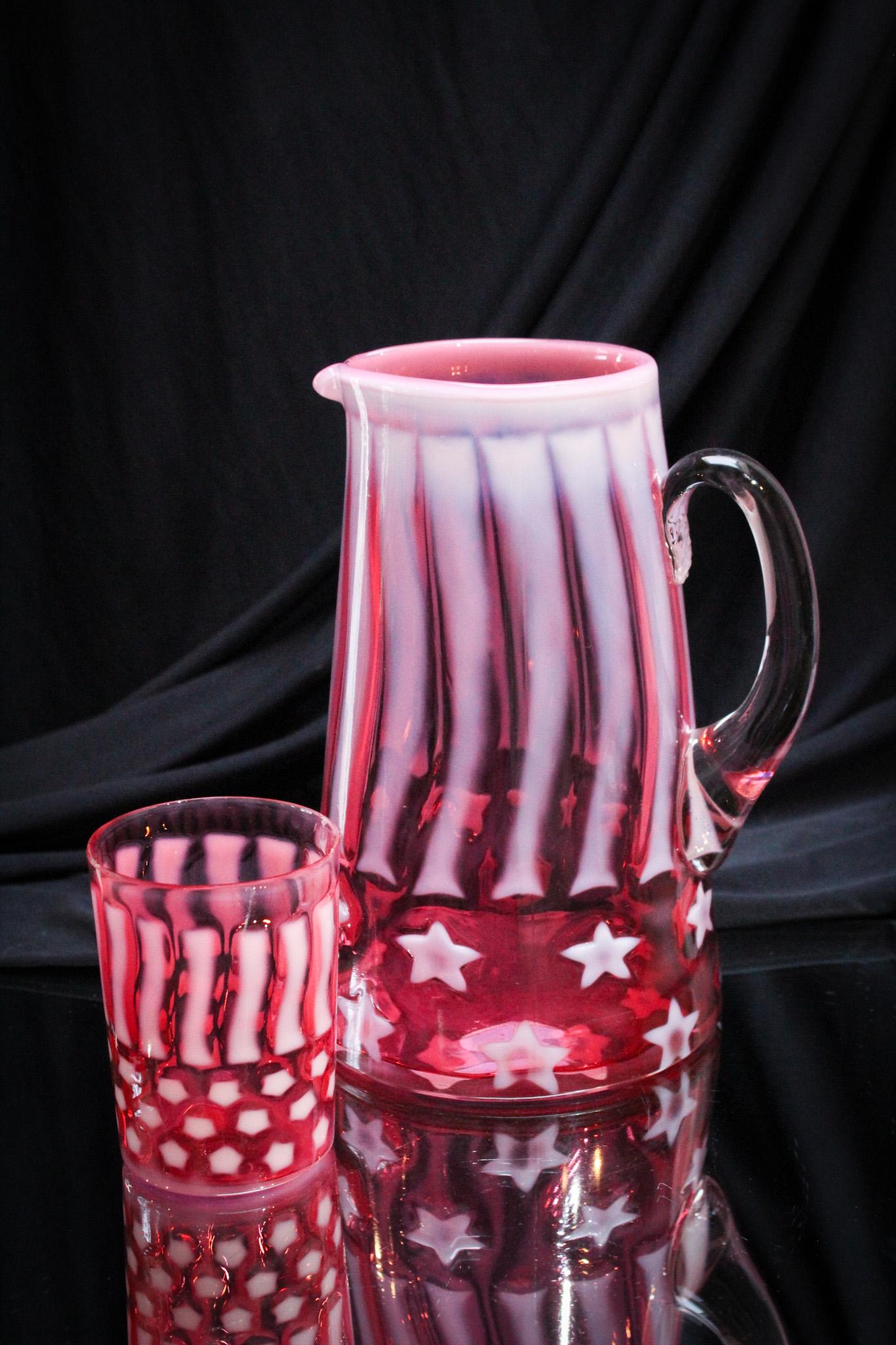 Rare Cranberry Opalescent Stars & Stripes Water Pitcher & Tumbler (1 of 8)