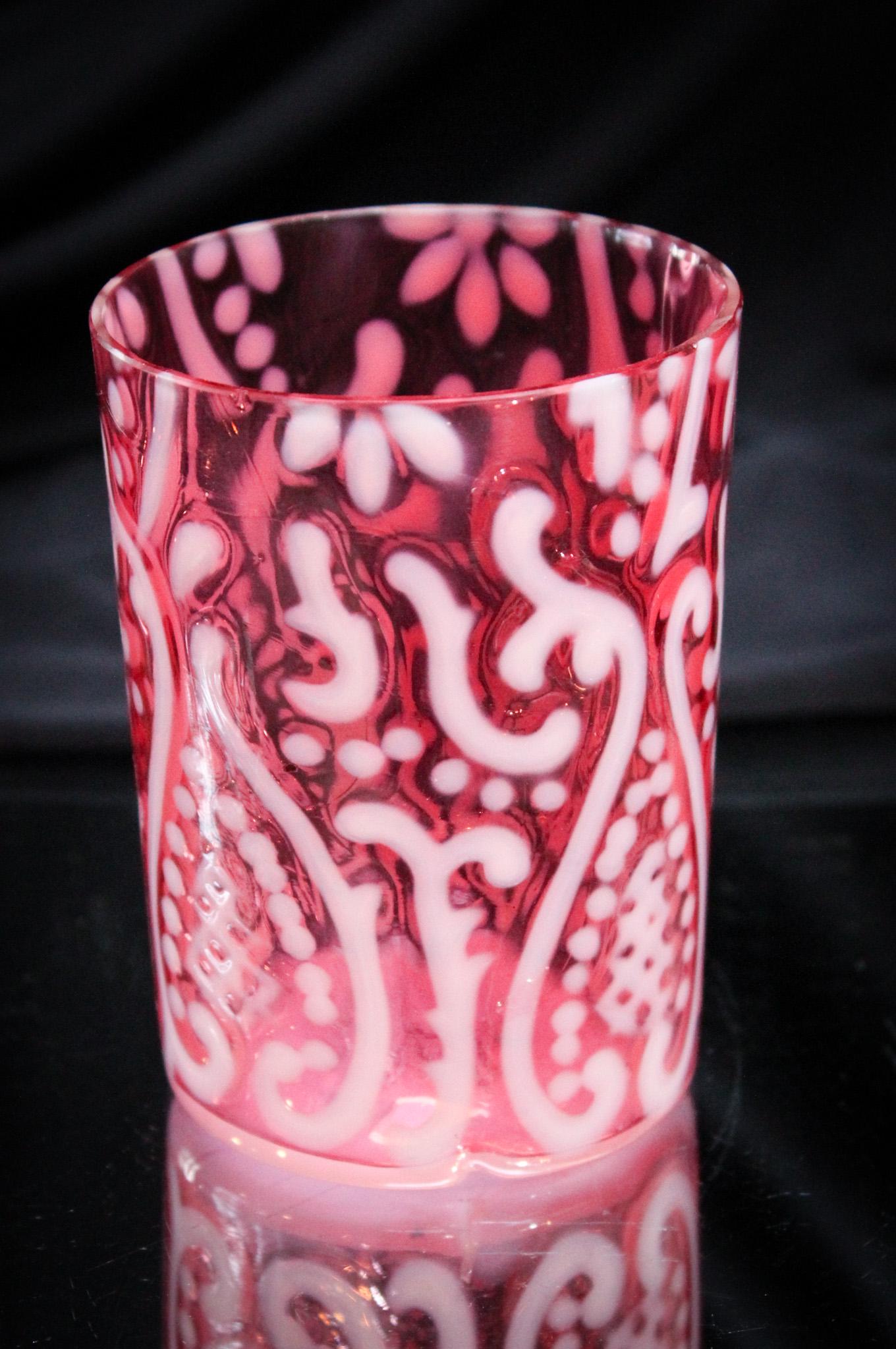 Cranberry Opalescent Arabian Nights Victorian Tumbler: Great piece in the ever popular Arabian Nights pattern. Only the best coloring here at Magnum Auctions. It measures 3 3/4" tall.