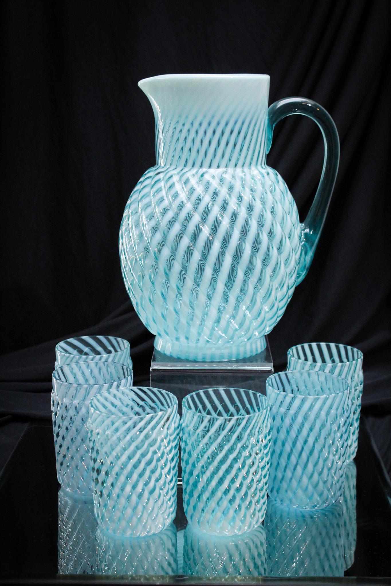 Blue Opalescent Reverse Swirl 7 pc Victorian Water Set (1 of 12)