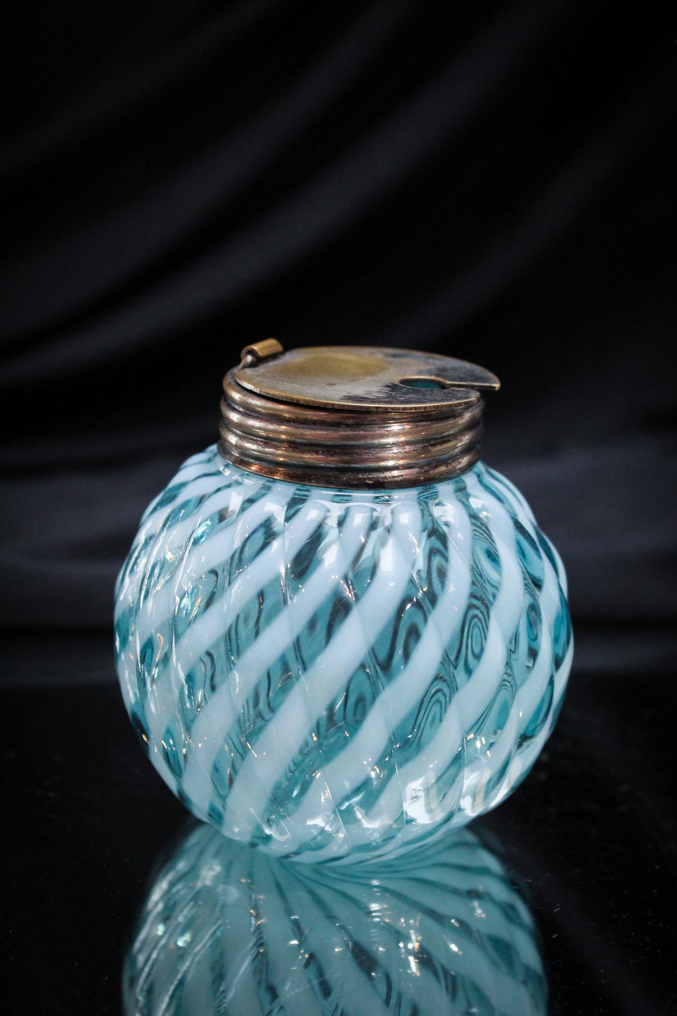 Blue Opalescent Reverse Swirl Victorian Mustard Jar: What a cute little guy this is. It measures a mear 2 3/4" tall. Complete with original top. Nice!