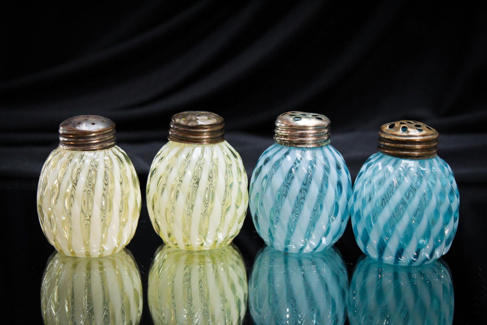 2 prs. Blue & Vaseline Opalescent Victorian Salt Shakers (1 of 10)