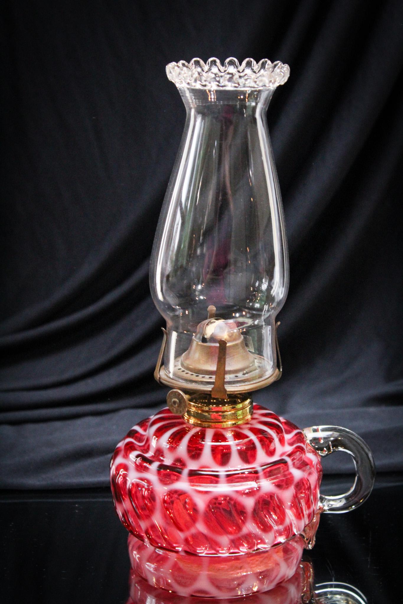 Cranberry Opalescent Victorian Big Windows Swirl Oil Lamp (1 of 5)
