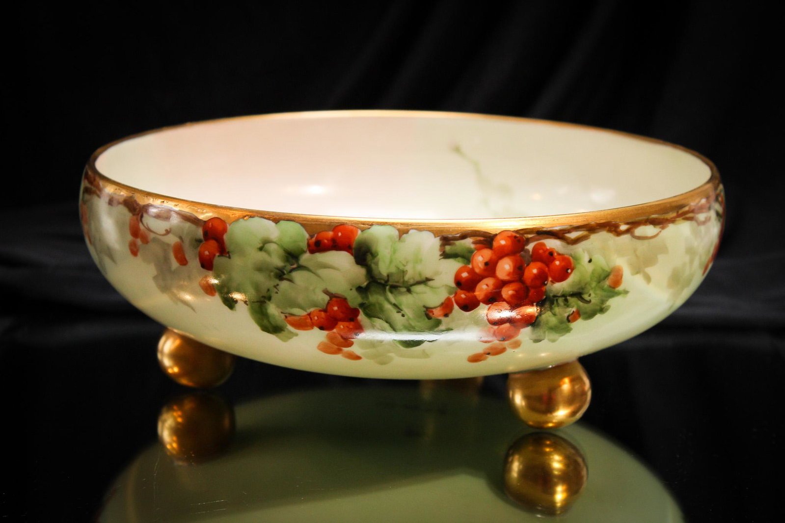 T & V Limoges hand Painted Currants Porcelain 3 footed Bowl: What is better for Christmas dinner at the neighbors house than this bowl hand painted with currant berries. Yes, fill it with green bean casserole topped with french fried onions. No, you can't do th