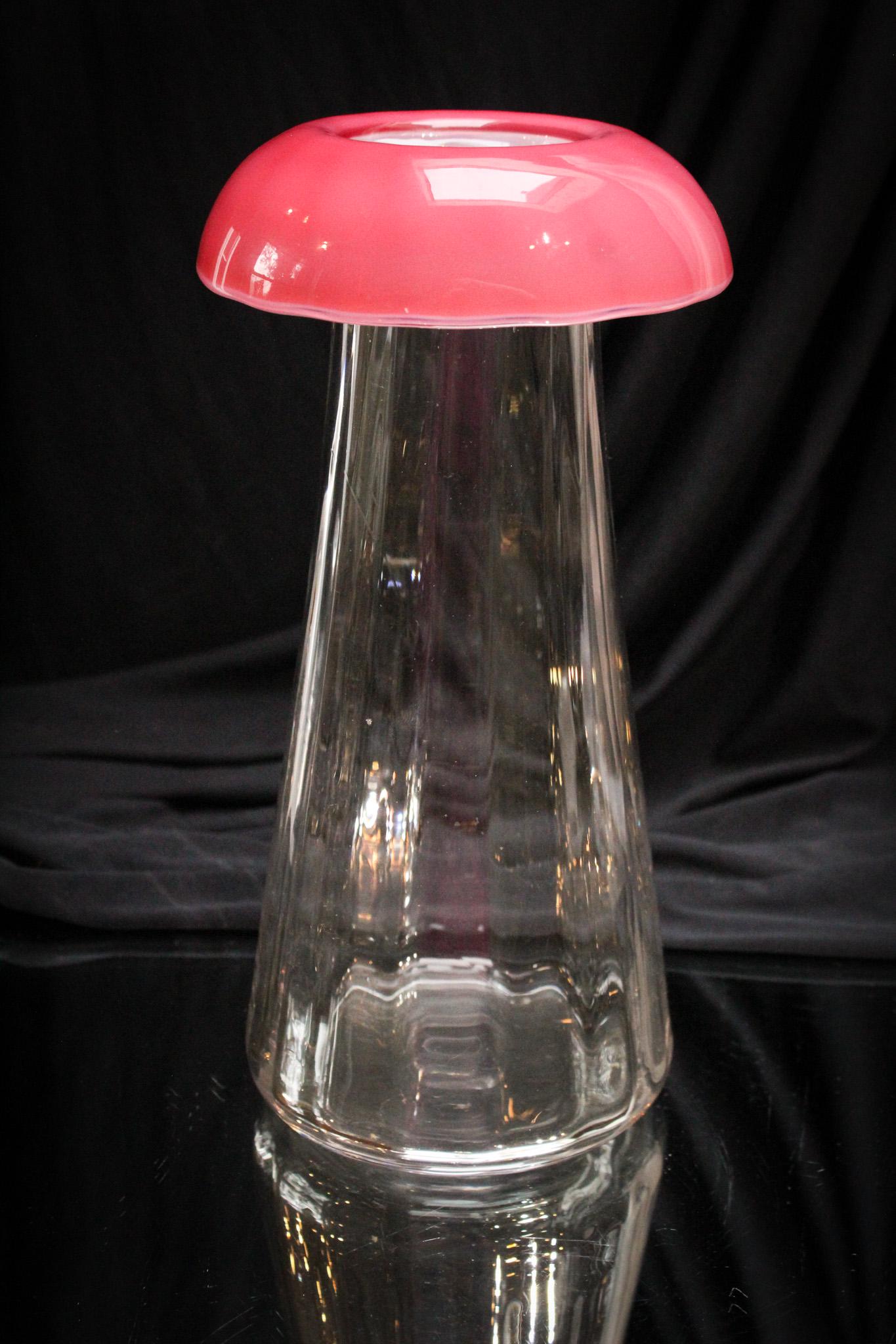 Signed Libbey At Glass rolled rim Pink Opal rim Vase: How did they ever make such a piece? What a lost art of talented persons of a period gone by. Amazing piece. Well it is. Right? This measures 10 1/2" tall.