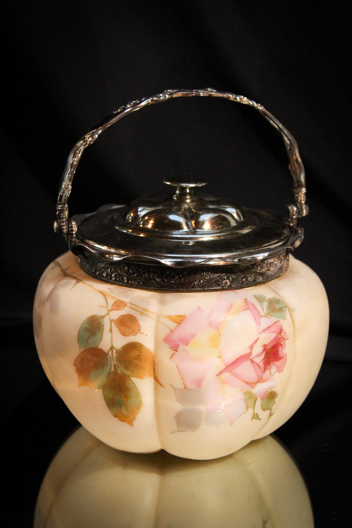 Smith Bros Victorian Rose Decorated Satin Glass Biscuit Jar (1 of 7)