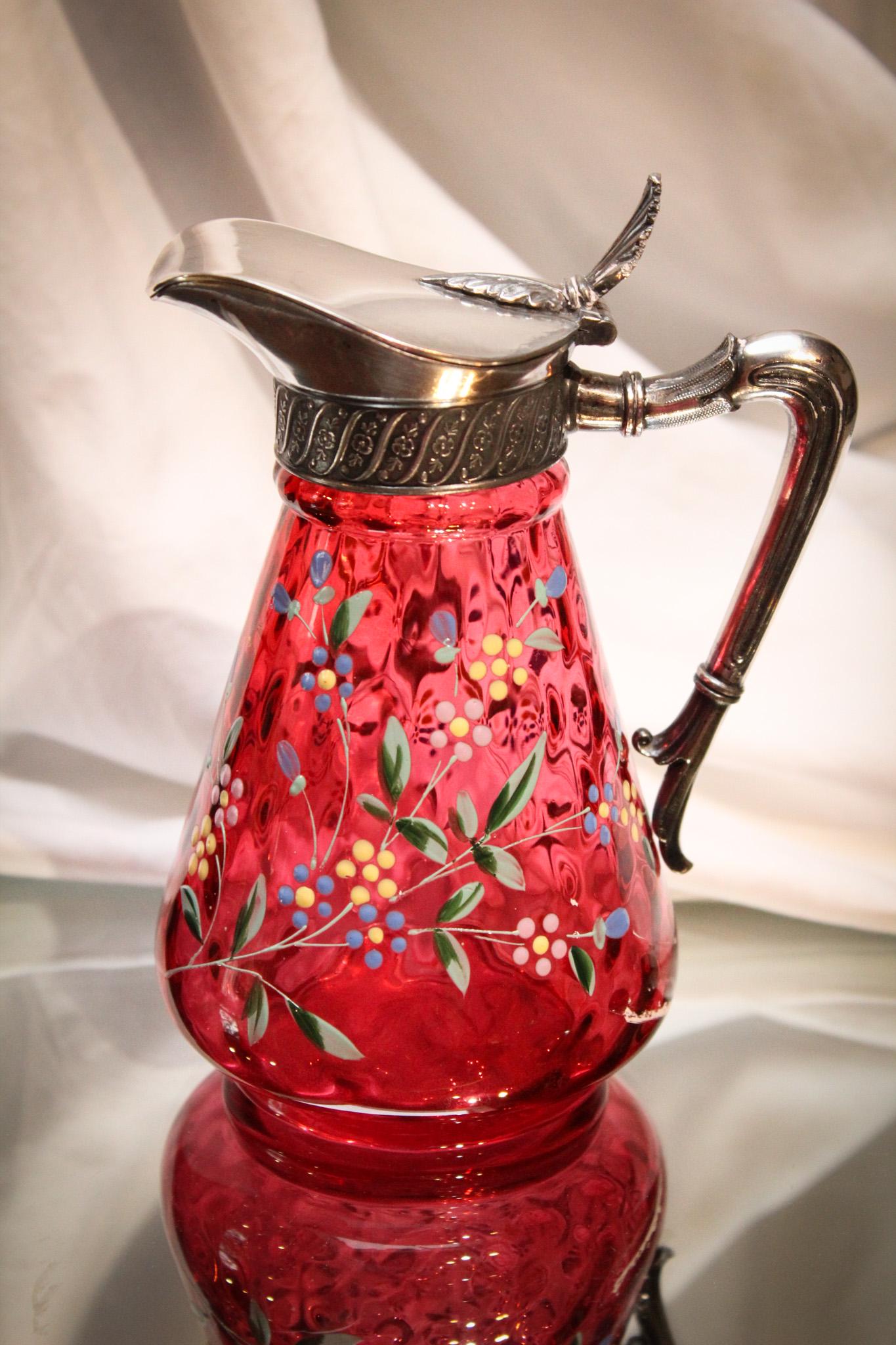 Tufts Silverplate Victorian Cranberry Glass Enameled Syrup (1 of 7)