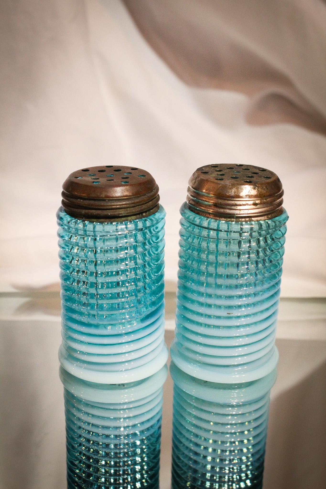 Scarce Blue Opalescent Ribbed Spiral Victorian Shakers (1 of 5)
