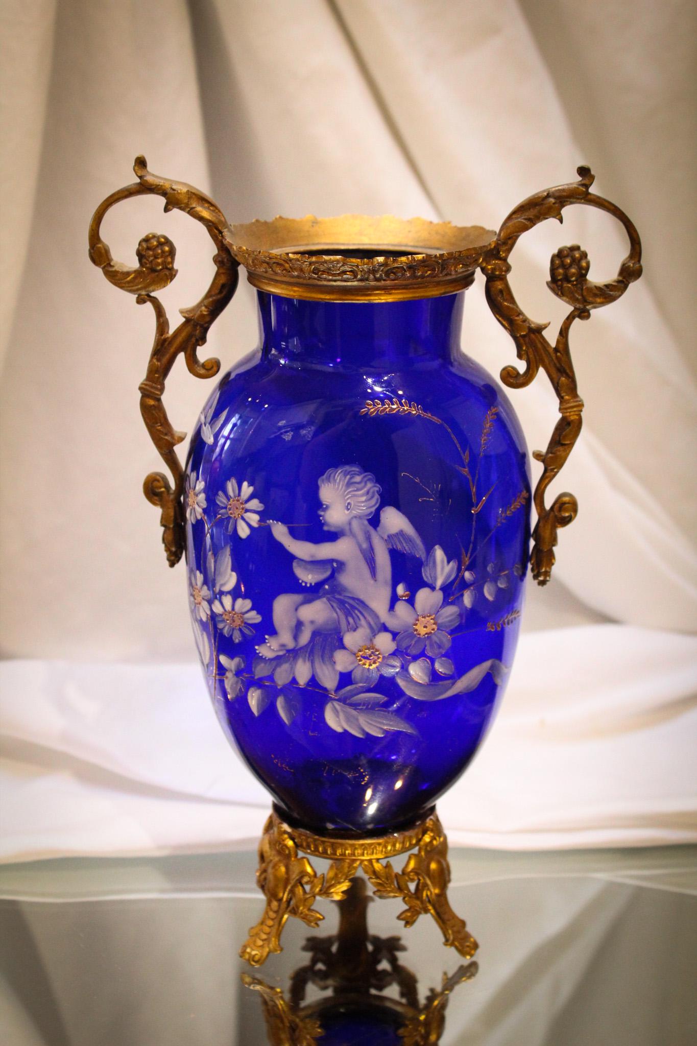 Cobalt Blue Victorian Mary Gregory 10" Ormulu Vase (1 of 5)