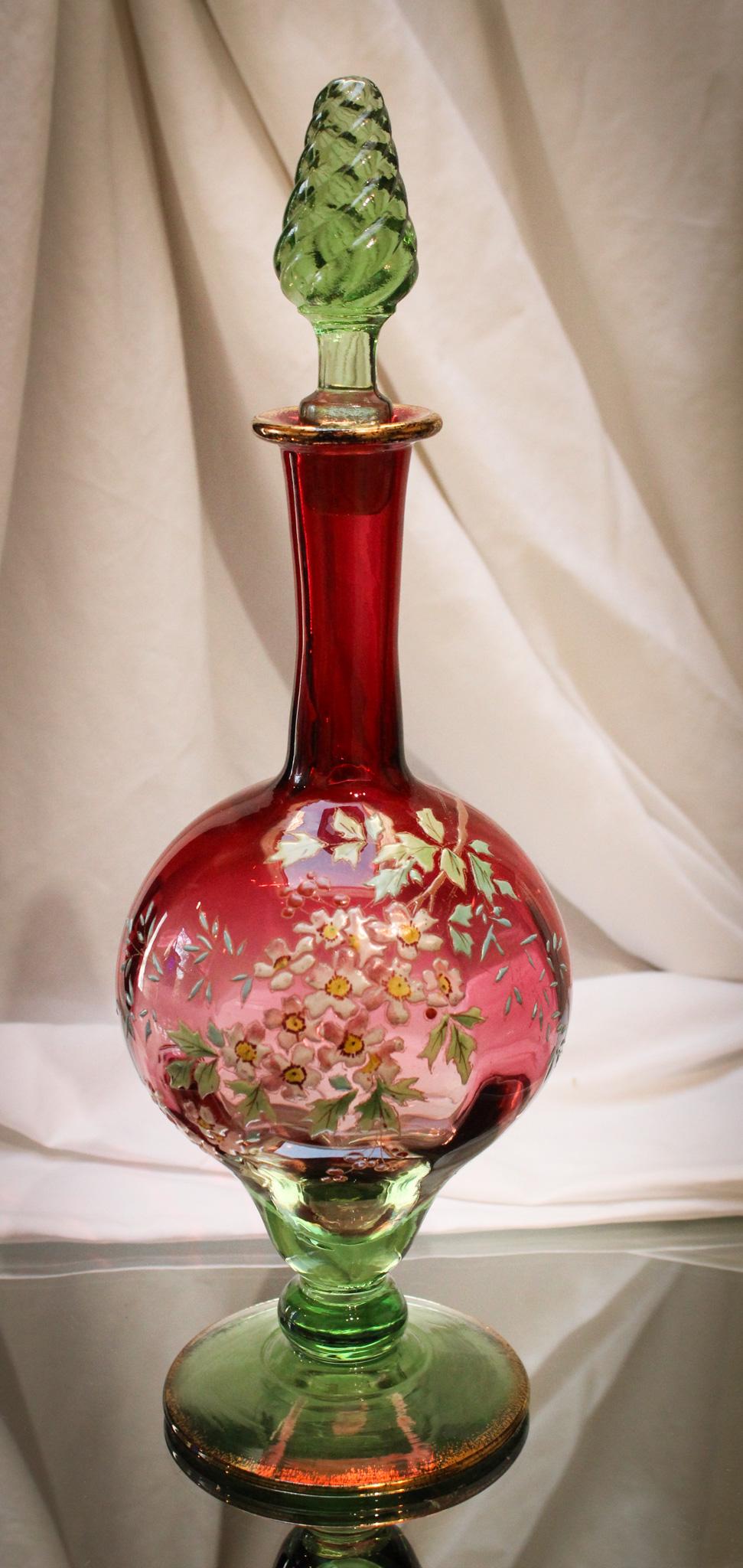 Bohemian 14" Ruby to Green Enameled Victorian Claret Decanter (1 of 8)